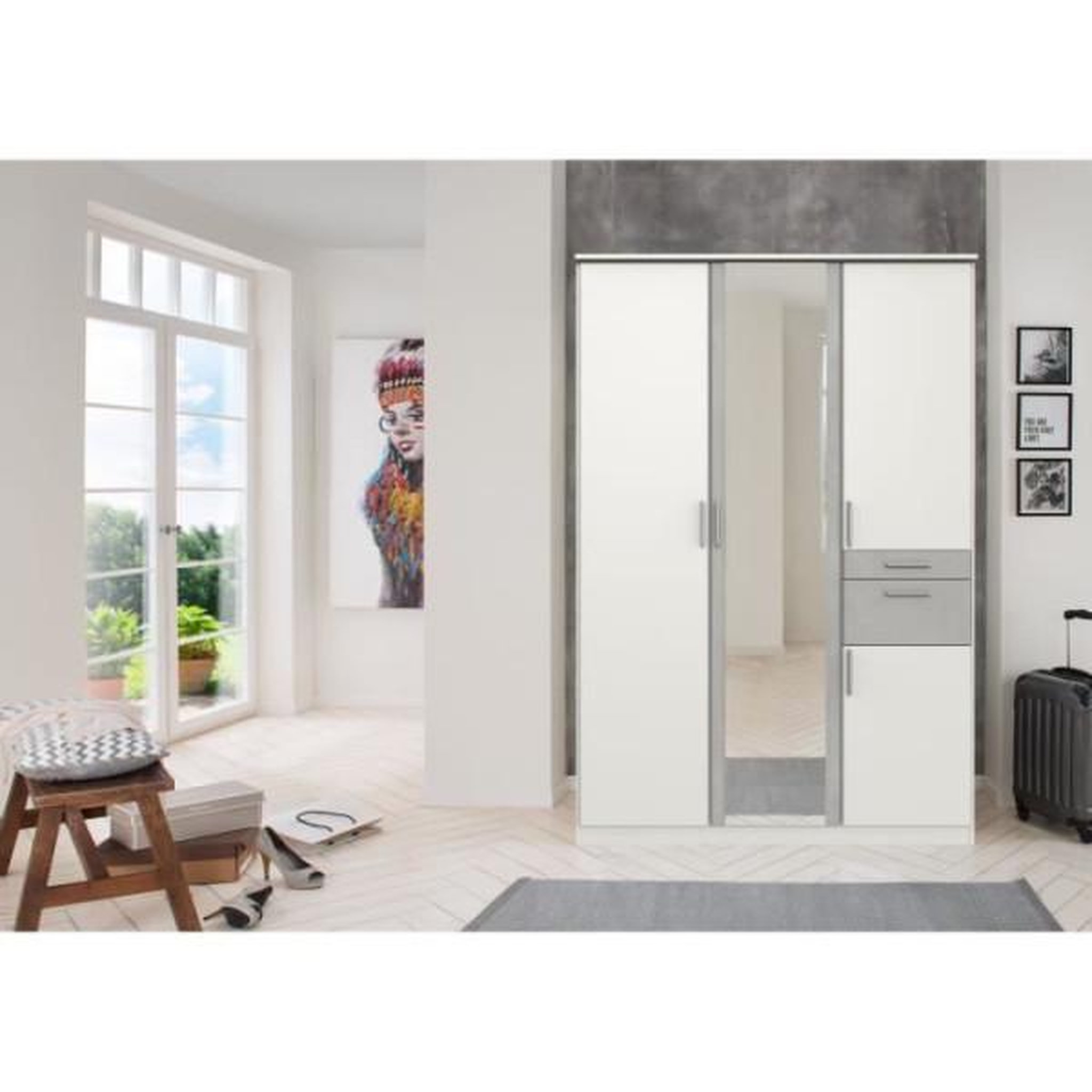 Voir la diapositive 2 : N/A Armoire Décor Blanc & Gris béton - 4 portes battantes - Miroir - 2 tiroirs - L135 x P58 x H199 cm - VOLOS