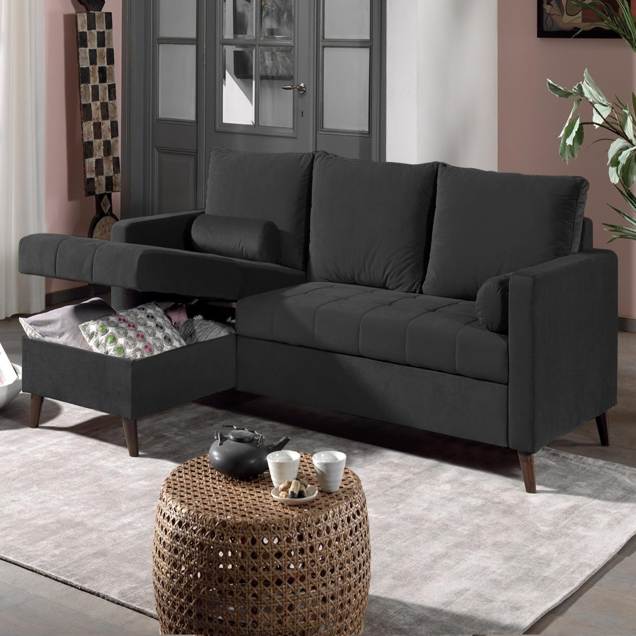 Voir la diapositive 4 : BEST MOBILIER Polar - canapé d'angle réversible convertible - en velours au design scandinave - 4 places