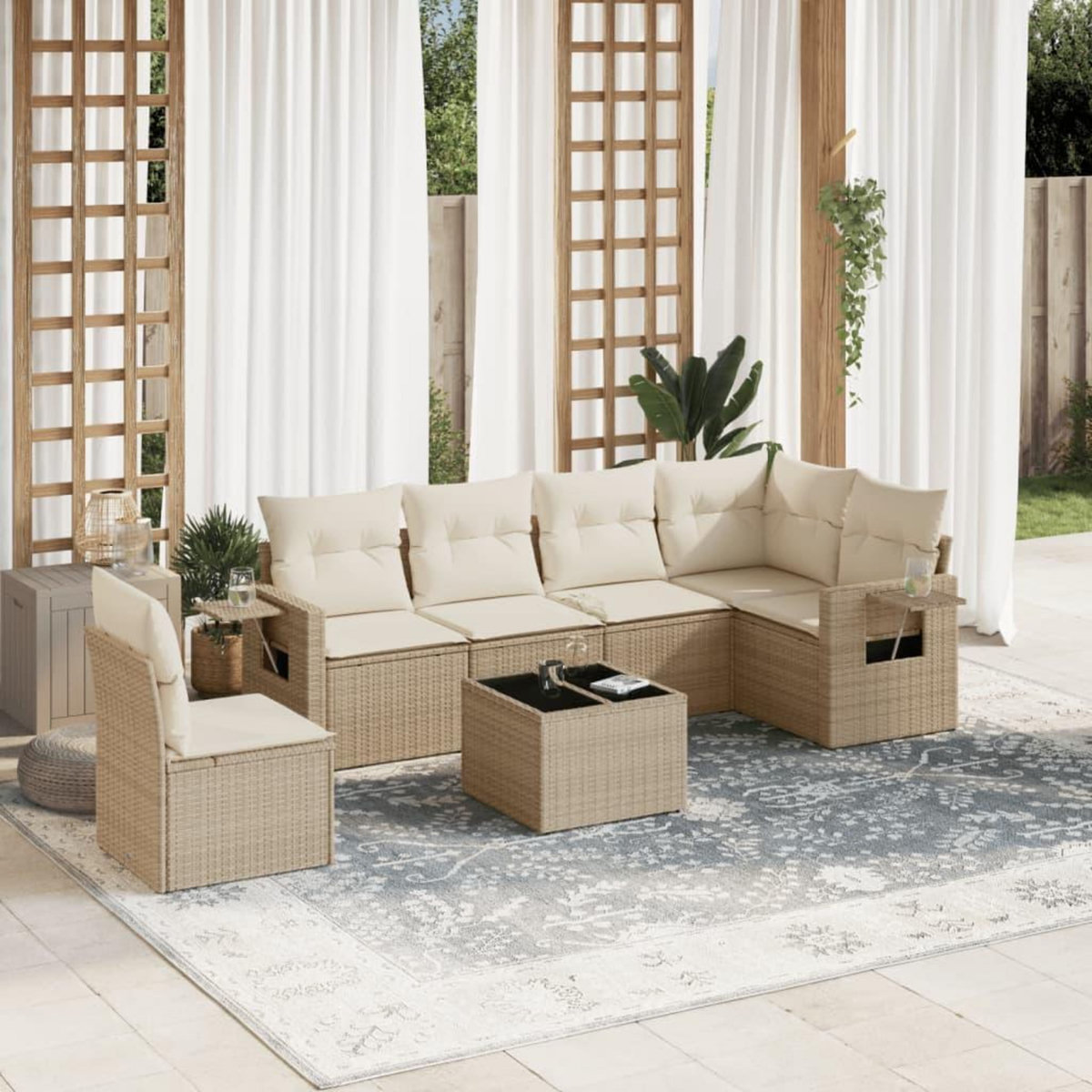 VIDAXL Salon de jardin avec coussins 7 pcs beige resine tressee