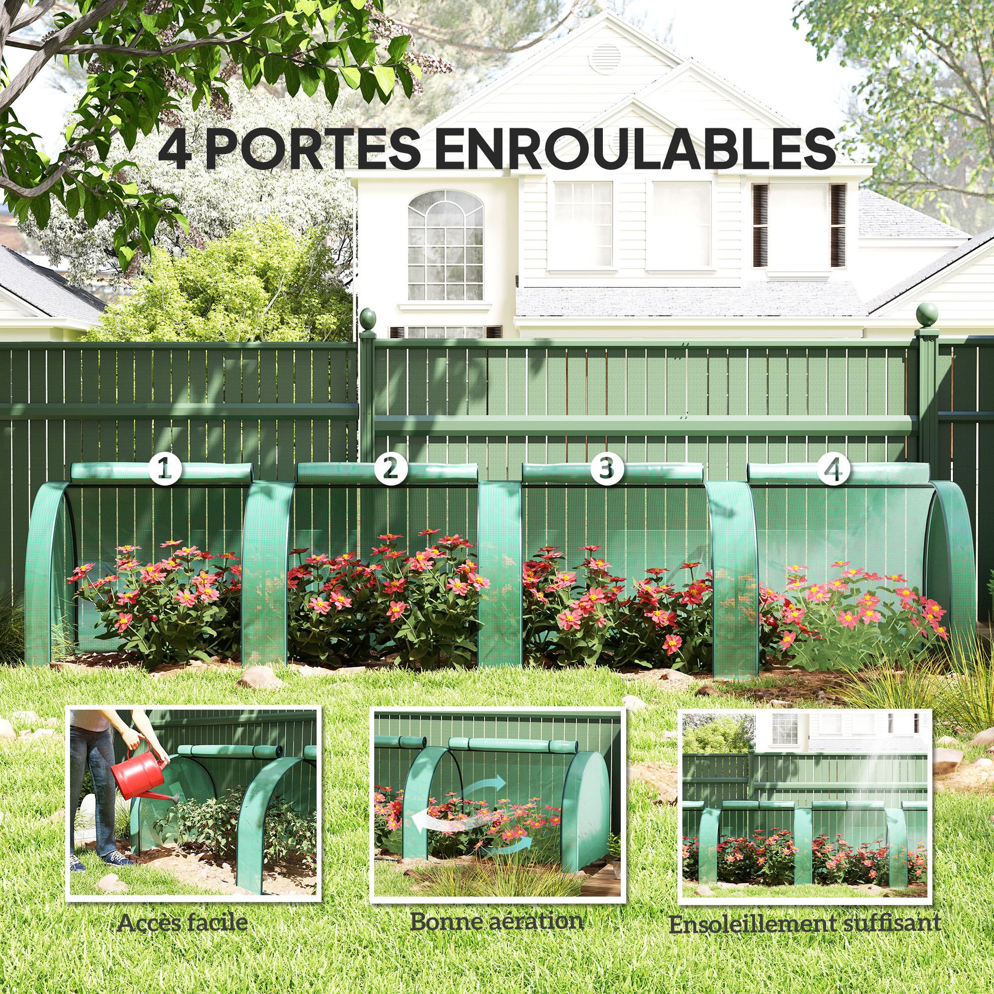 Voir la diapositive 6 : OUTSUNNY Mini serre de jardin mini serre à tomates 4 x 1 x 0,8 m 4 portes zippées acier PE haute densité 140 g/m² vert