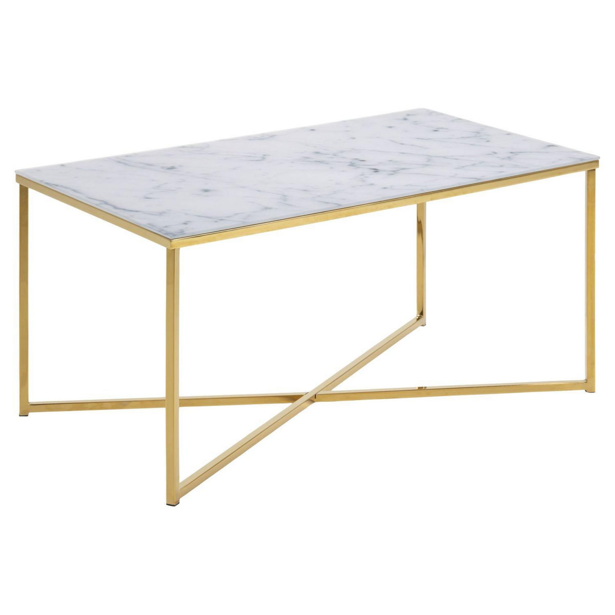 TOILINUX Table basse rectangulaire effet marbre en verre et métal - L.90 cm x H. 45 cm - Doré et blanc