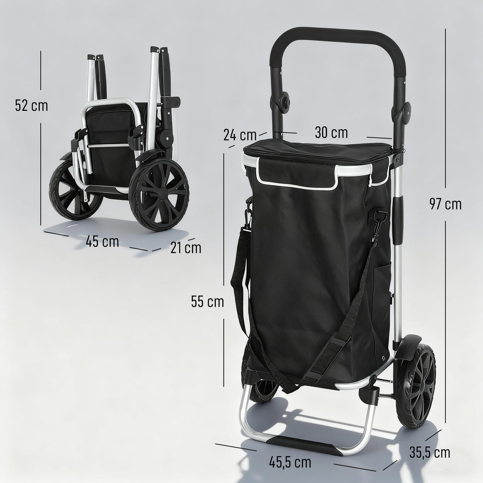 Voir la diapositive 3 : HOMCOM Chariot de courses pliable 3 en 1 sac à bandoulière 40l chariot transport poignée réglable compartiment isotherme alu noir