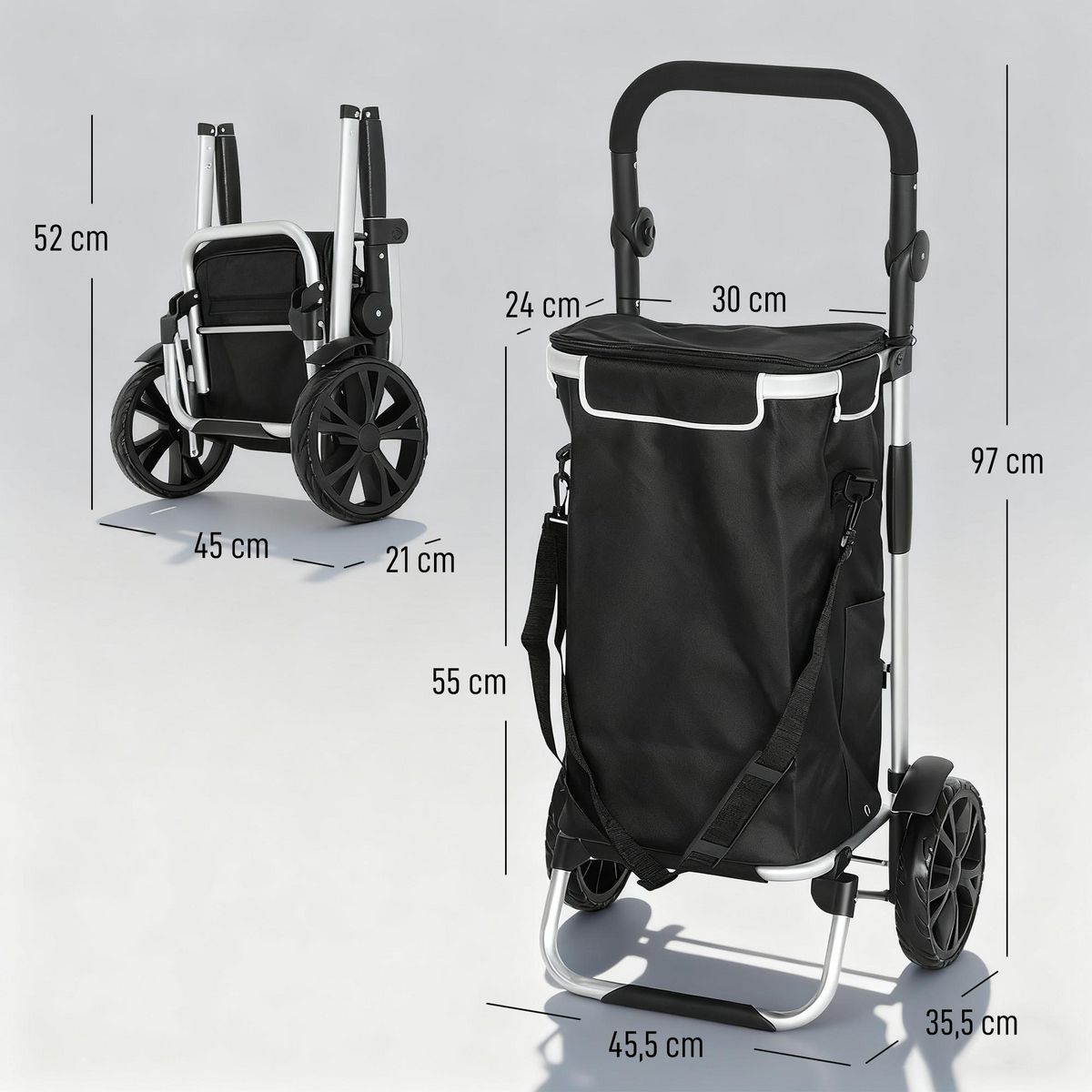 HOMCOM Chariot de courses pliable 3 en 1 sac à bandoulière 40L chariot transport poignée réglable compartiment isotherme alu noir