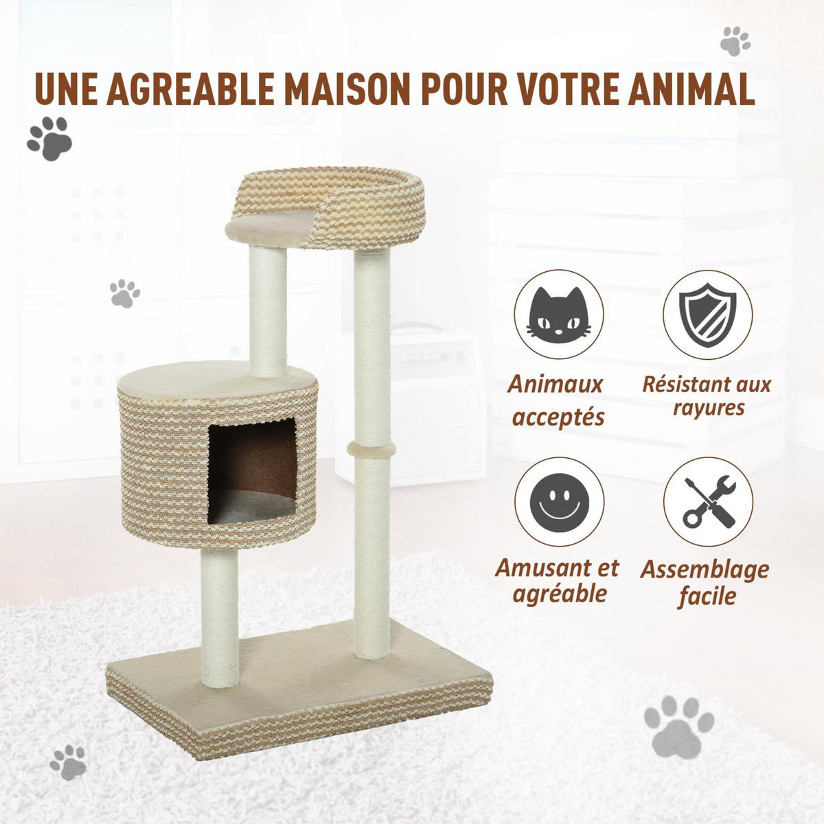 PAWHUT Arbre à chats style cosy chic griffoirs jute naturelle niche plateforme peluche courte bicolore beige café