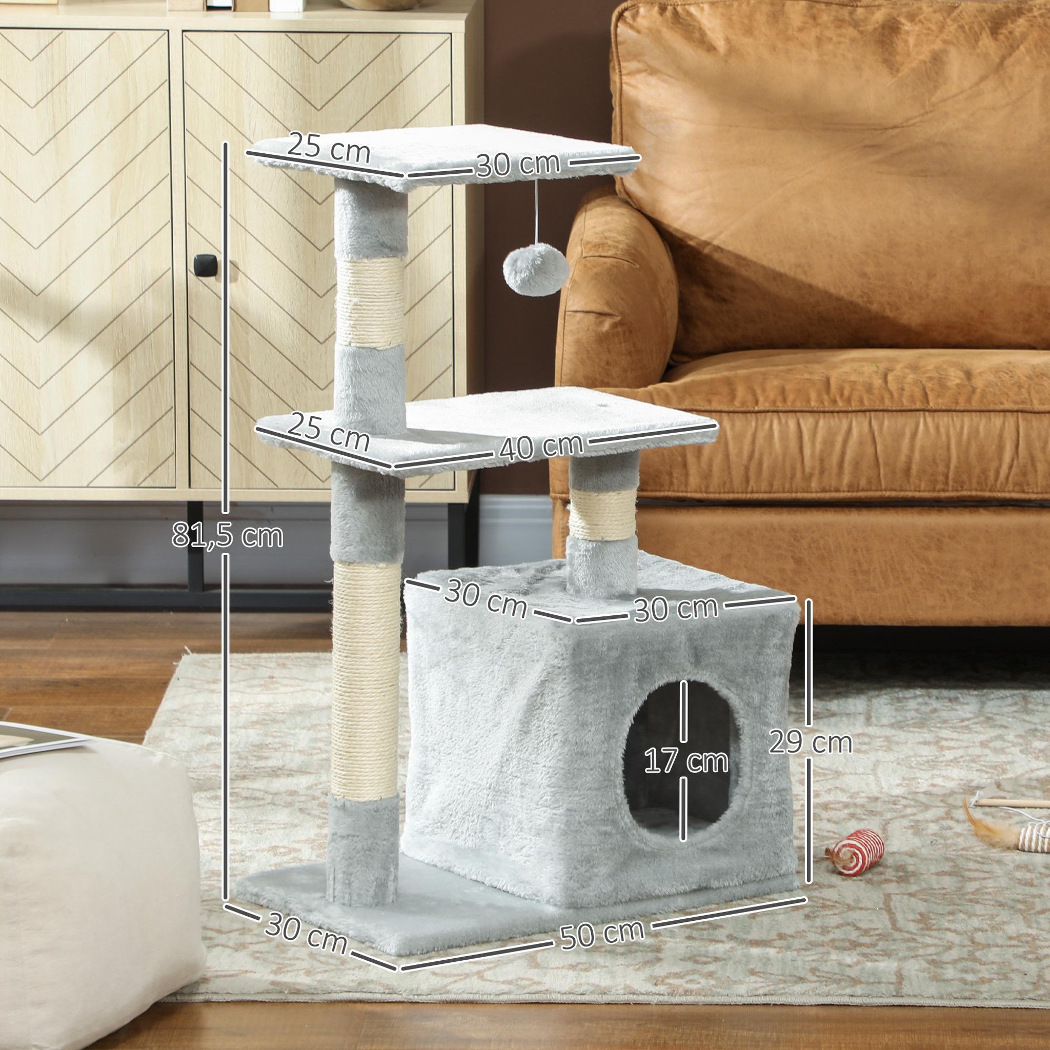 Voir la diapositive 3 : PAWHUT Arbre à chat h.81cm niche 3 griffoirs 2 plateformes jeu boule suspendue gris
