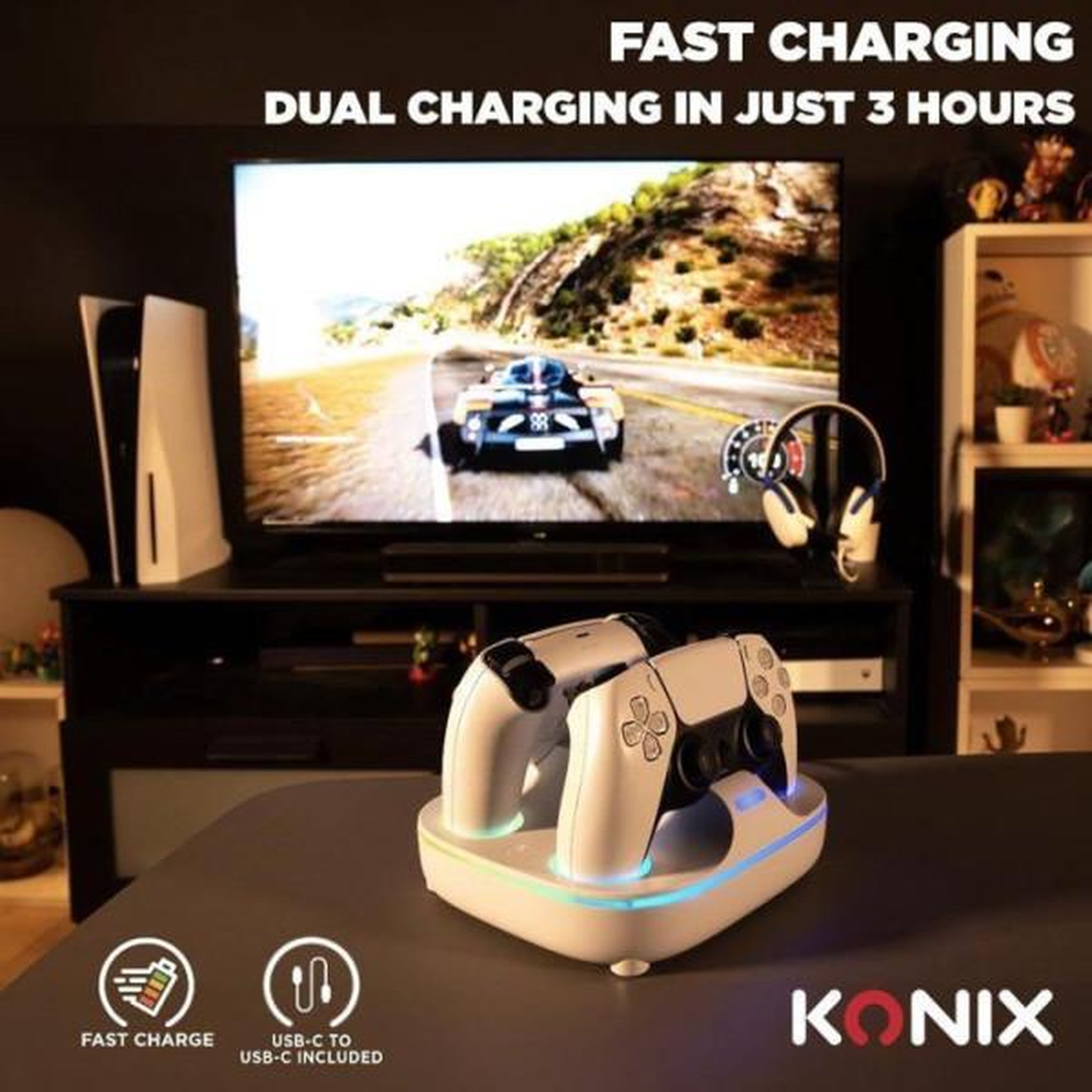 Voir la diapositive 5 : KONIX Station de rechargement pour 2 manettes dualsense - ps5 - konix - charge rapide - connecteurs magnétiques - blanc