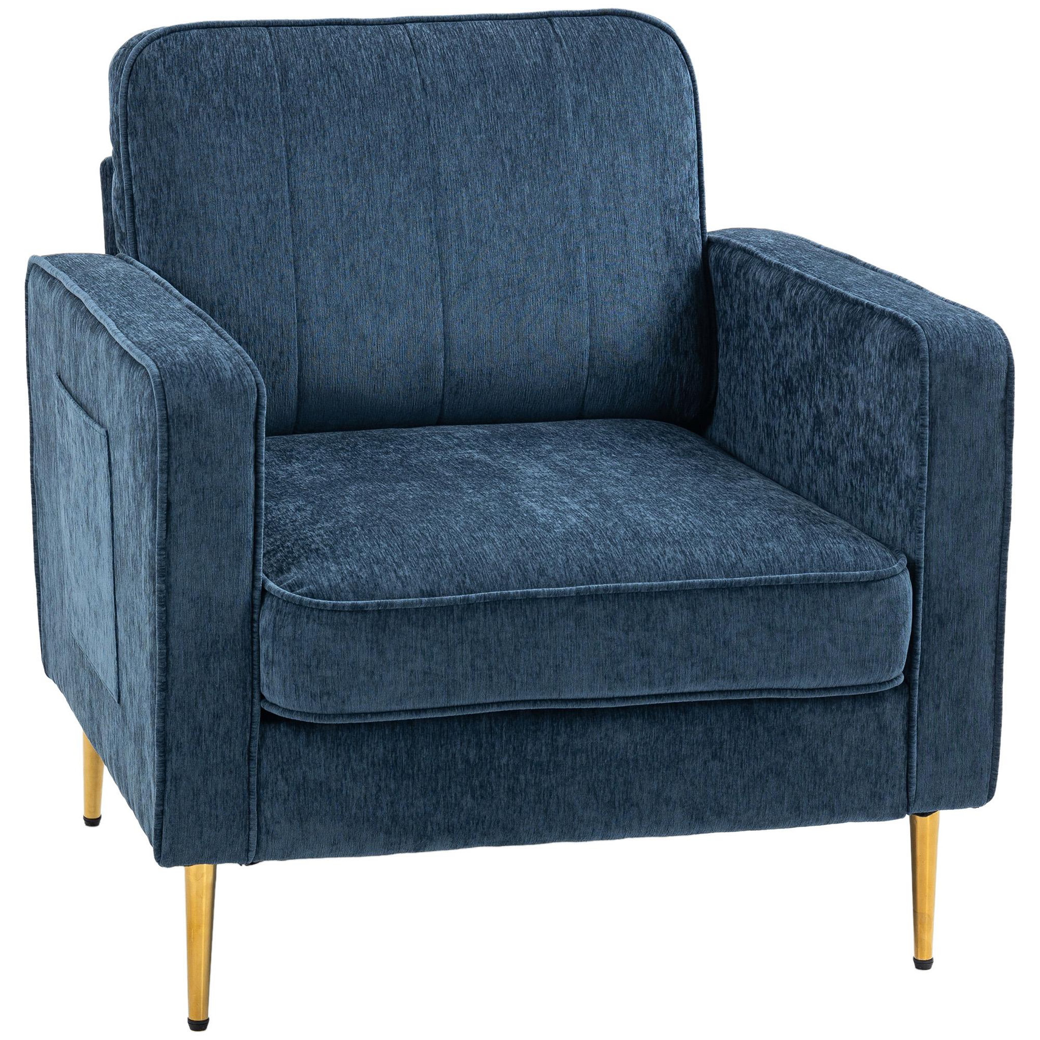 Voir la diapositive 1 : HOMCOM Fauteuil style art déco piètement métal doré tissu bleu