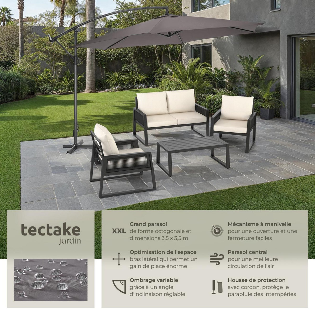 tectake Parasol ø 350 cm gris