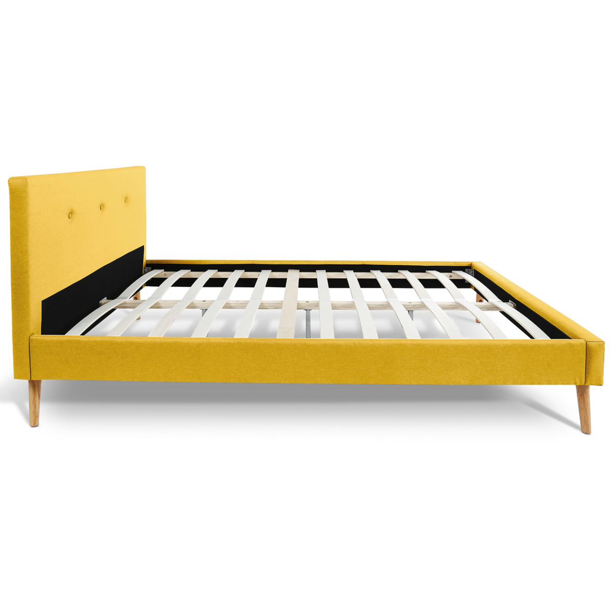 ID MARKET Lit double scandinave OSLO avec tête de lit et sommier 140 x 190 cm tissu jaune moutarde