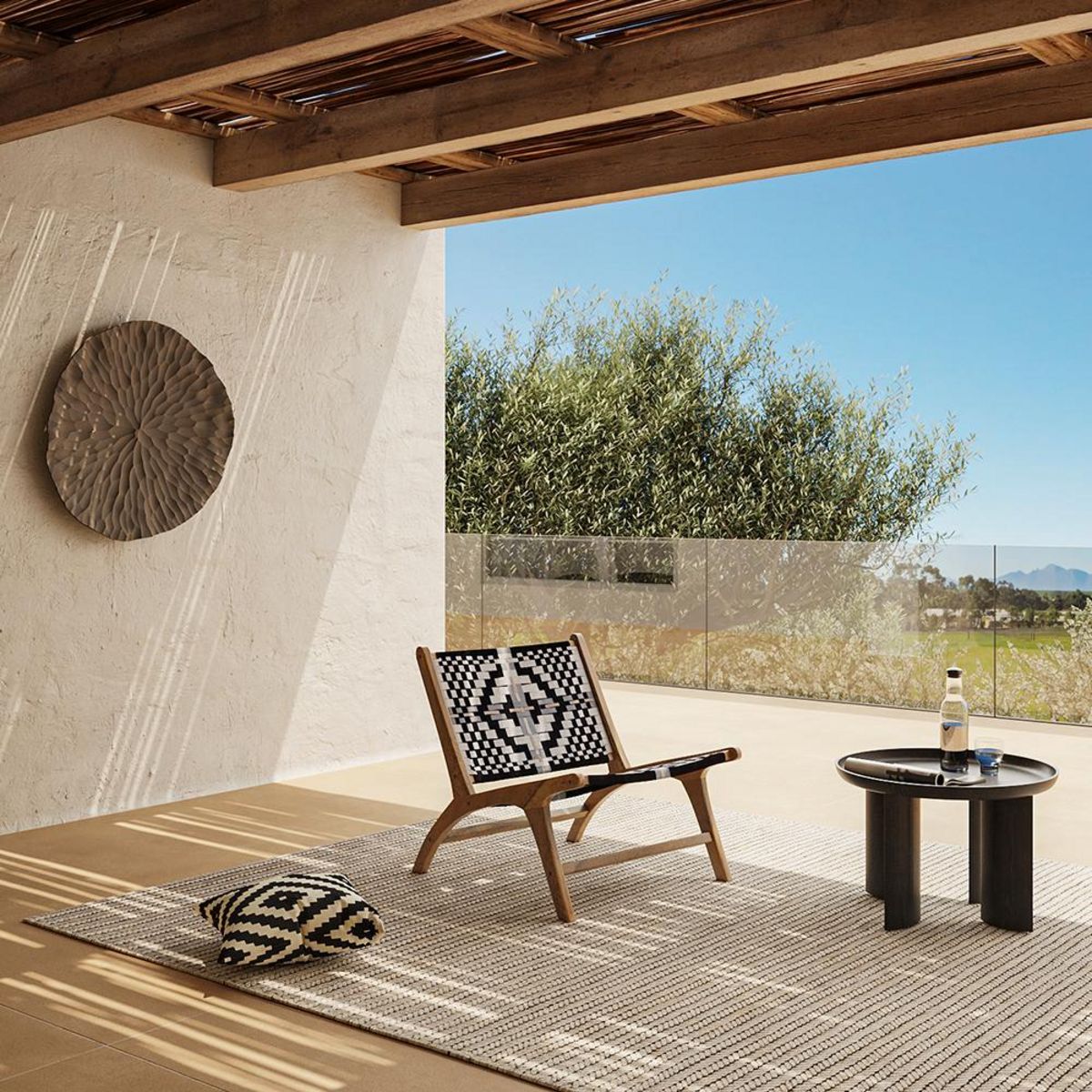 Rendez vous déco Fauteuil noir et blanc en bois de teck et laine tressée - Callie