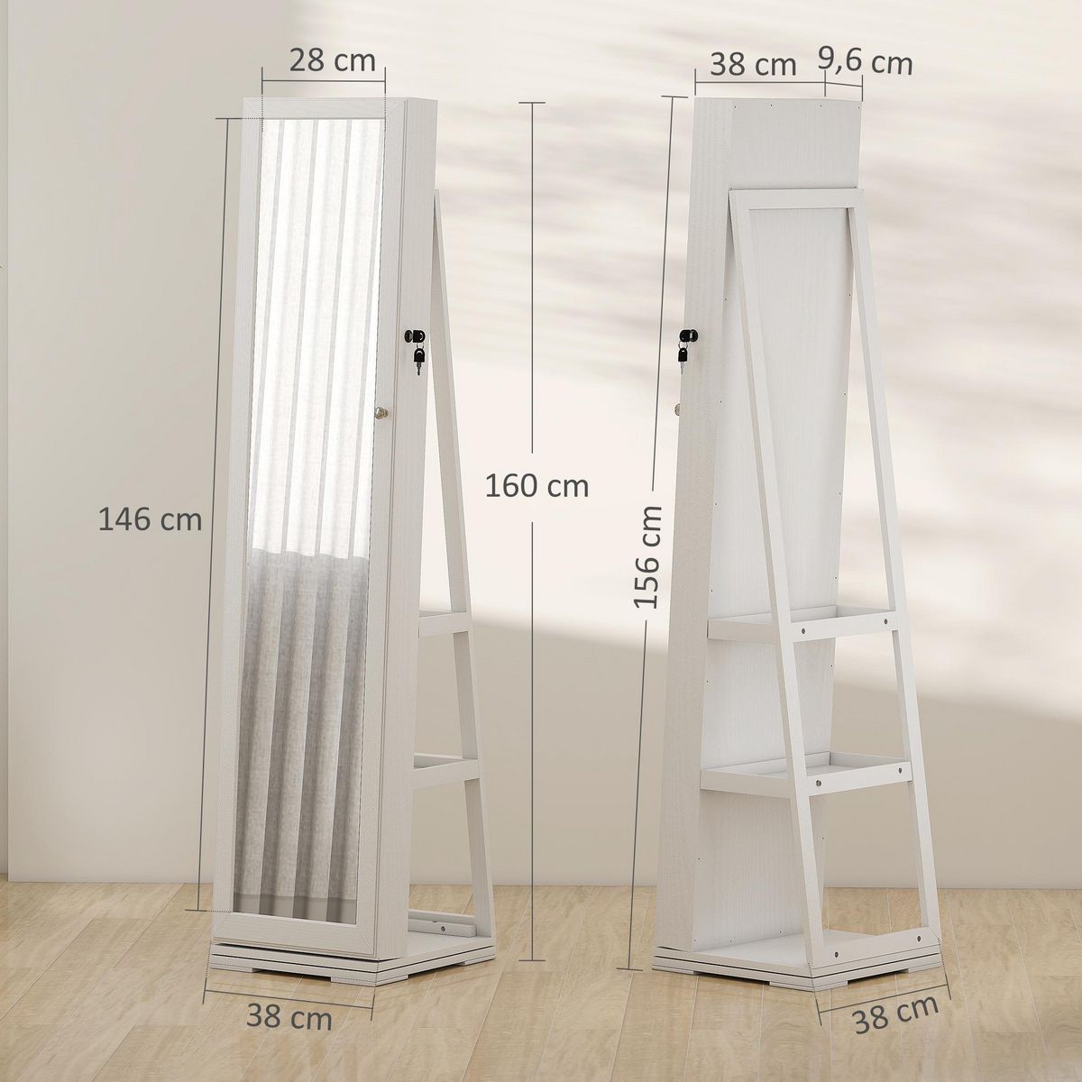 HOMCOM Armoire à bijoux pivotante verrouillable avec miroir - armoire bijoux multi-rangement - MDF gris clair