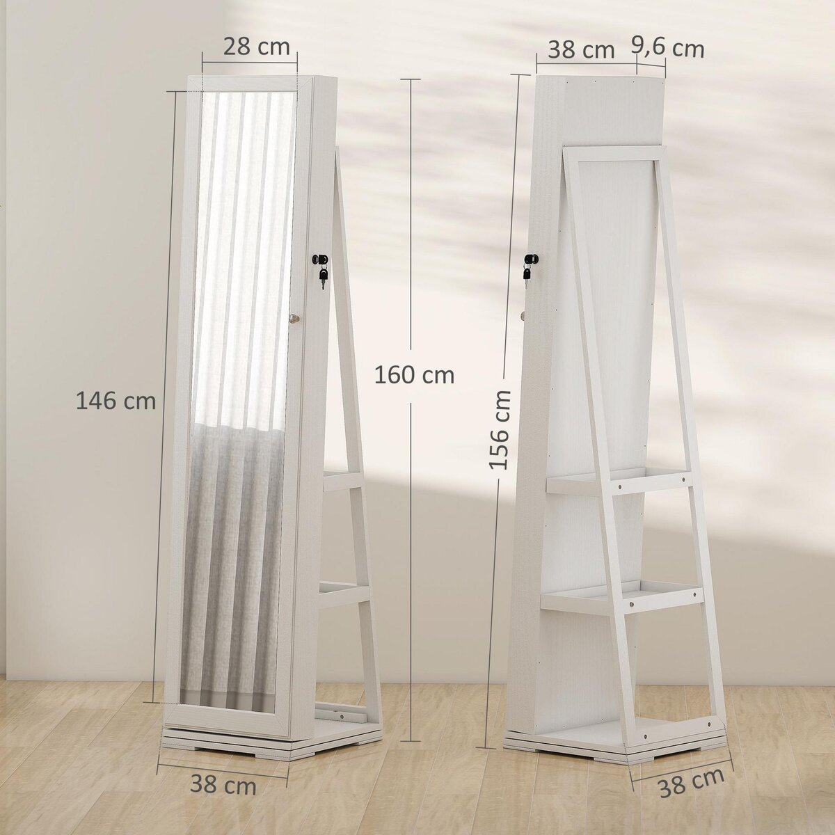 HOMCOM Armoire à bijoux pivotante verrouillable avec miroir - armoire bijoux multi-rangement - MDF gris clair