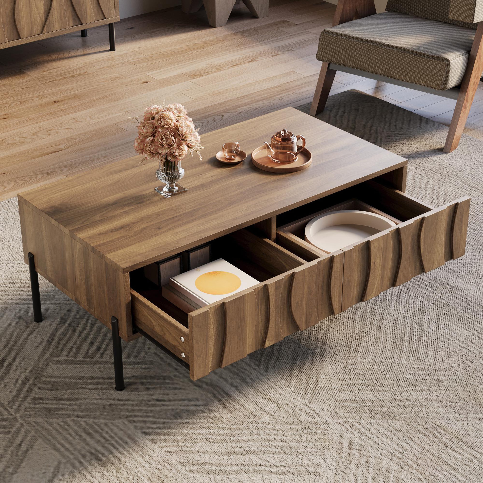 Voir la diapositive 5 : MERAX Table basse rectangulaire naturel avec 2 tiroirs - 55x105 cm mdf