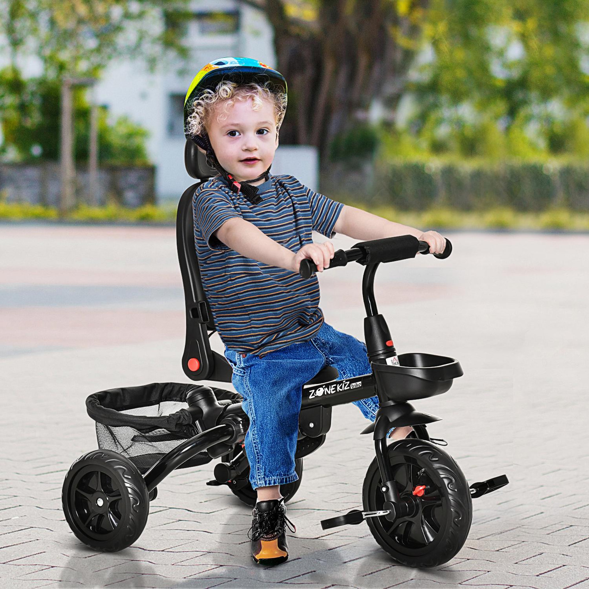 Voir la diapositive 2 : HOMCOM Tricycle enfant évolutif pliable - pare-soleil, canne télescopique amovible - siège pivotant, harnais, arceau sécurité - repose-pied - 3 paniers rangement - métal PP gris noir