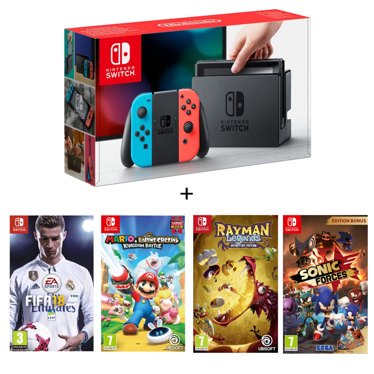 Pack Console Nintendo Switch Néon + FIFA 18 + Mario Lapin Crétin
