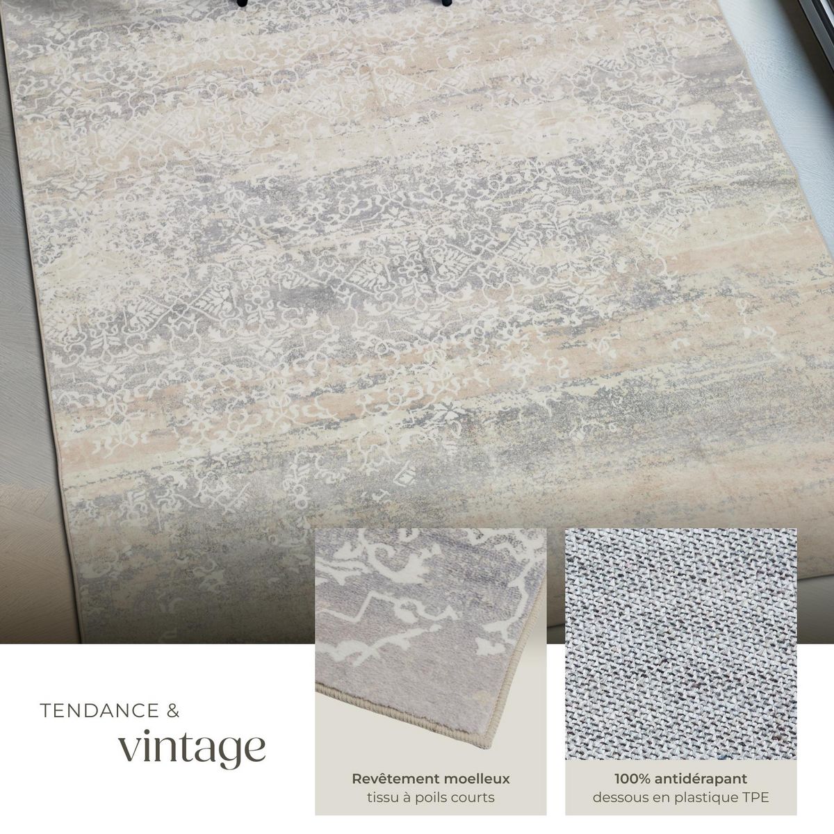 tectake Tapis design vintage à poils courts en laine synthétique et feutre beige 200 x 274 cm