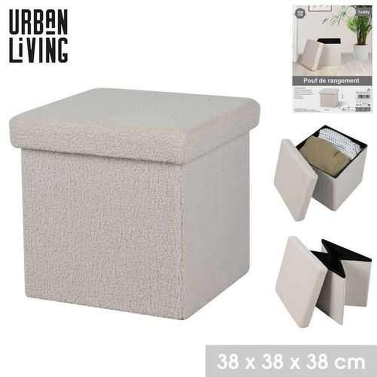 DIVERS Pouf de rangement pliable Kube revêtement bouclette - Blanc crème