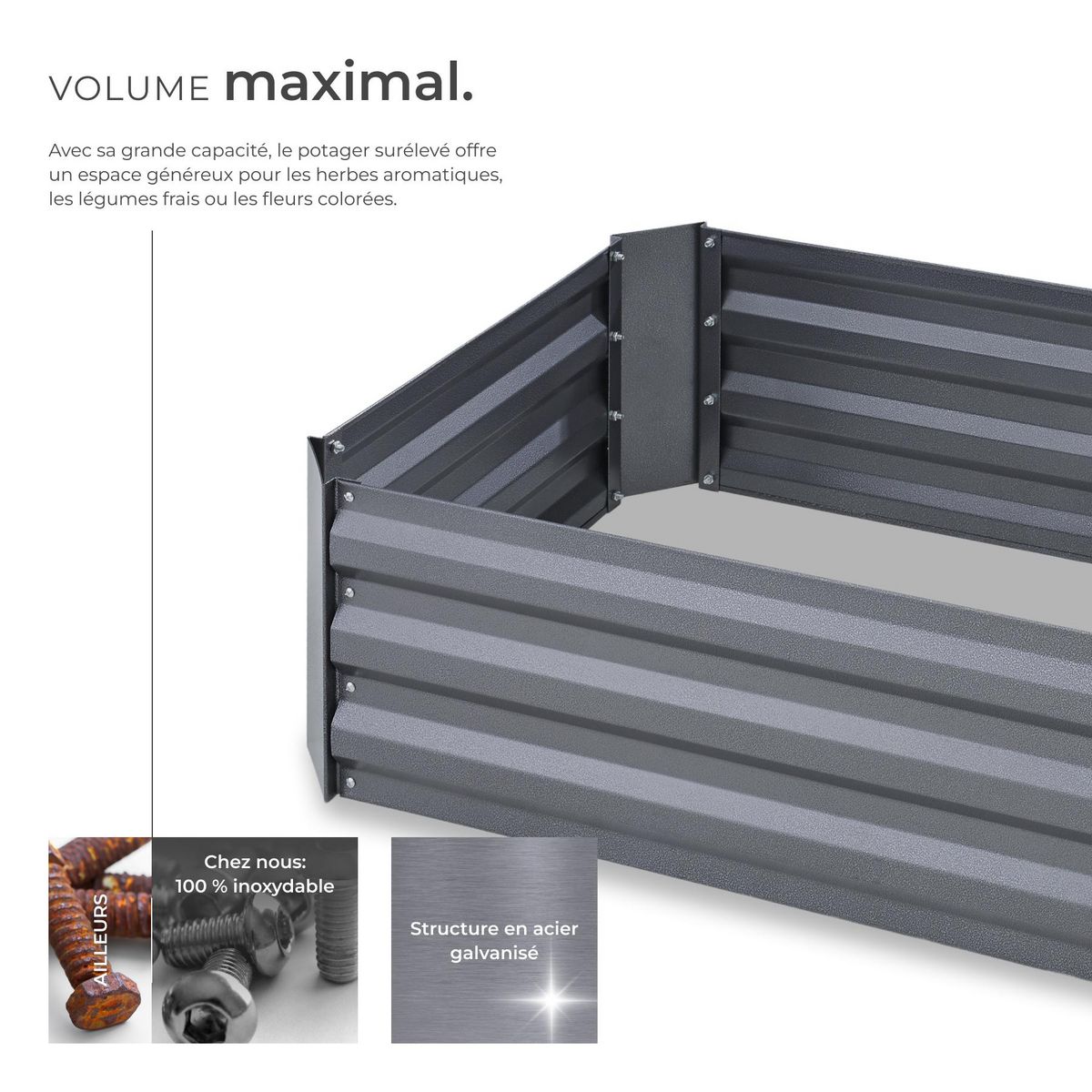 tectake Carré potager 200 L en acier galvanisé gris