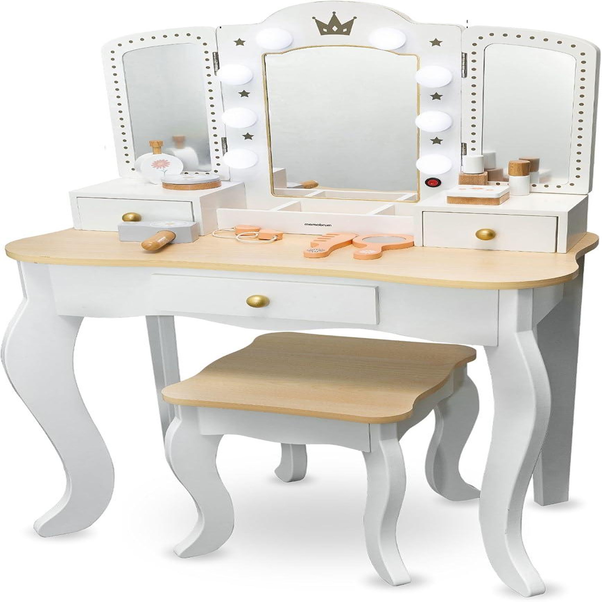 Voir la diapositive 4 : MAMABRUM Coiffeuse Enfant Bois avec Tabouret & Miroir LED, Tiroir & Accessoires – 2 en 1 Bureau Enfant +3