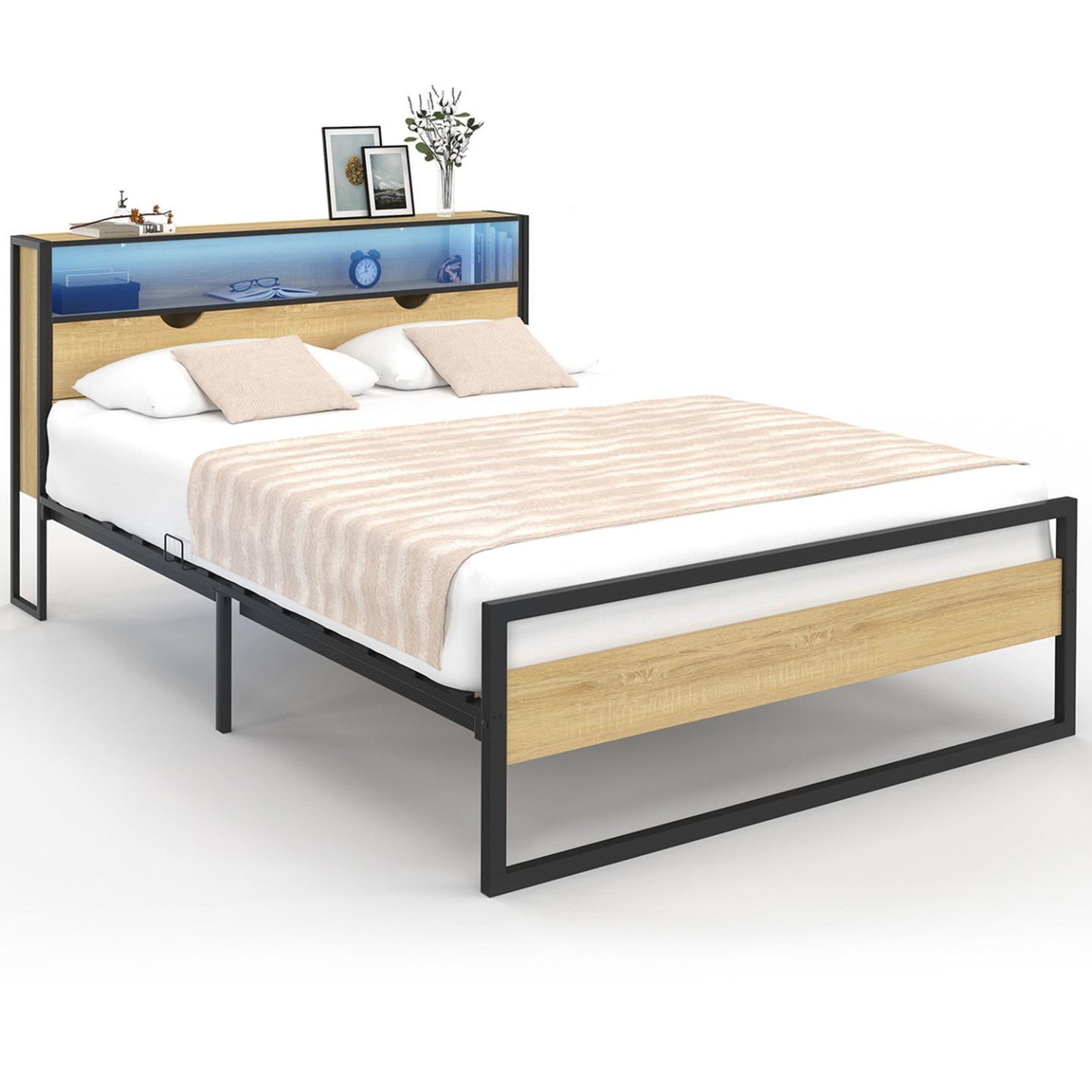 ID MARKET Lit double detroit led intégrés dans la tête de lit et sommier 140 x 190 cm effet bois et métal noir design industriel