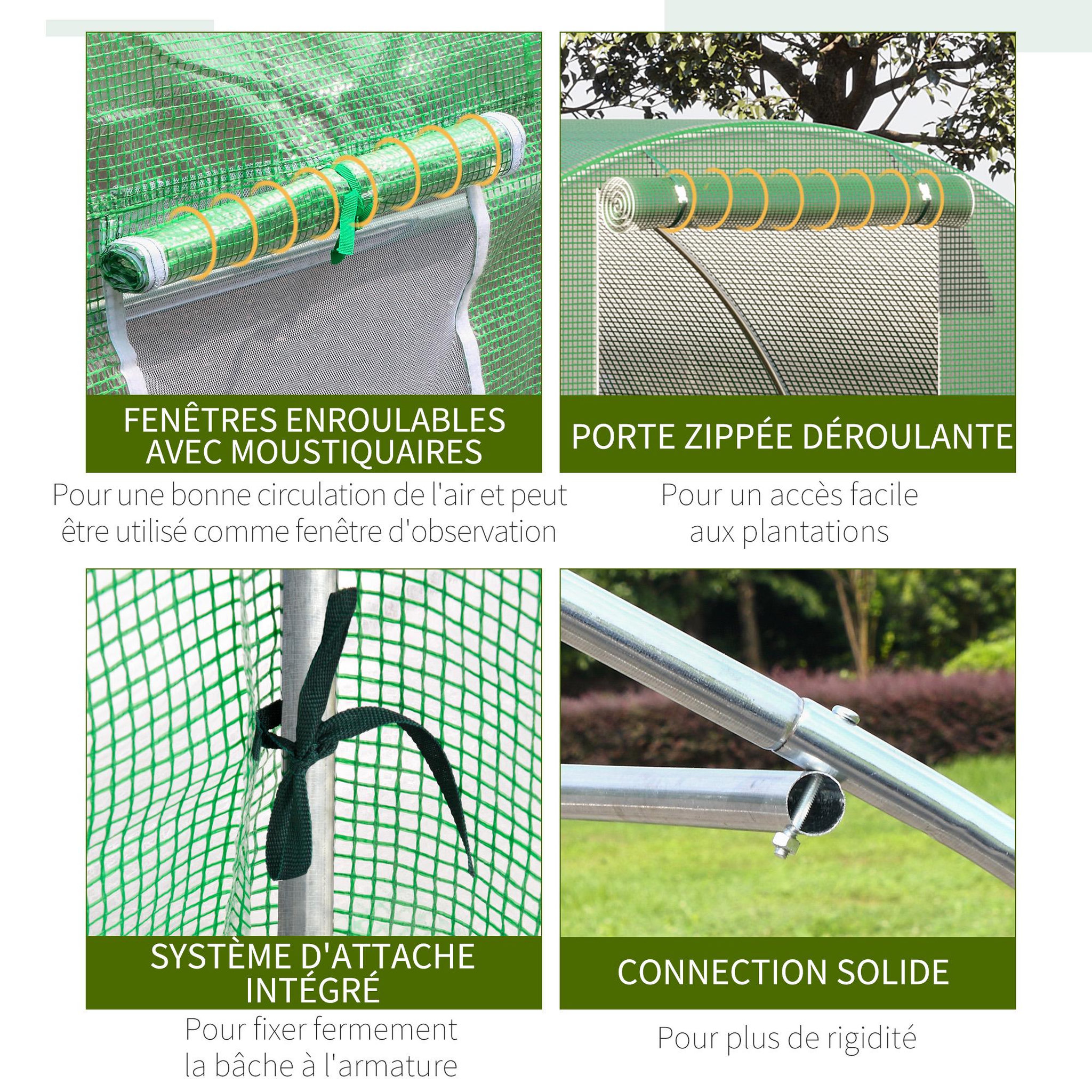 Voir la diapositive 5 : OUTSUNNY Serre tunnel 13,5 m² dim. 4,5 x 3 x 2 m - 6 fenêtres, porte zippée enroulable - acier galvanisé pe haute densité vert