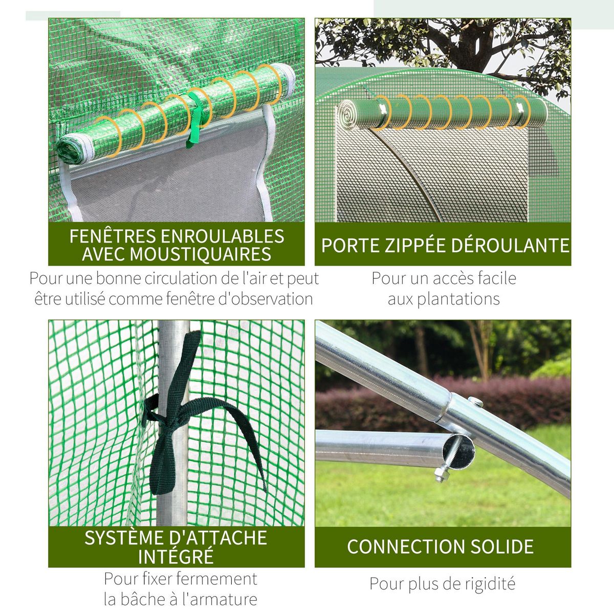 OUTSUNNY Serre tunnel 13,5 m² dim. 4,5 x 3 x 2 m - 6 fenêtres, porte zippée enroulable - acier galvanisé PE haute densité vert