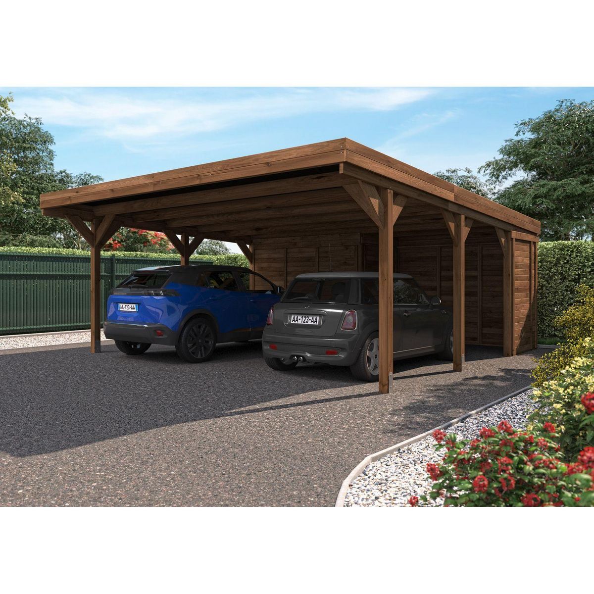Forest Style Carport avec remise - Bois traité en autoclave - 2 voitures - 31,7+3,6m² - LEON
