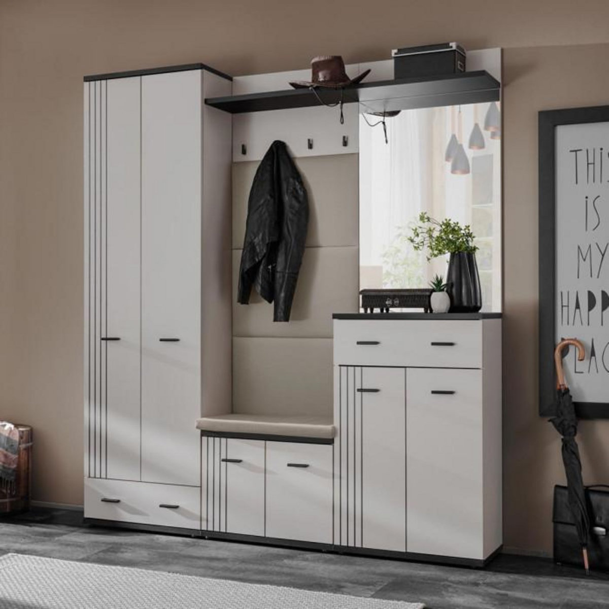 Paris Prix Ensemble Vestiaire Rembourré 5P  Hugo  180cm Gris & Noir