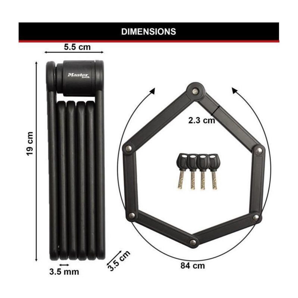 Master lock Antivol Vélo Pliable à Clefs en Acier Trempré, 4 clés, Support de transport inclus