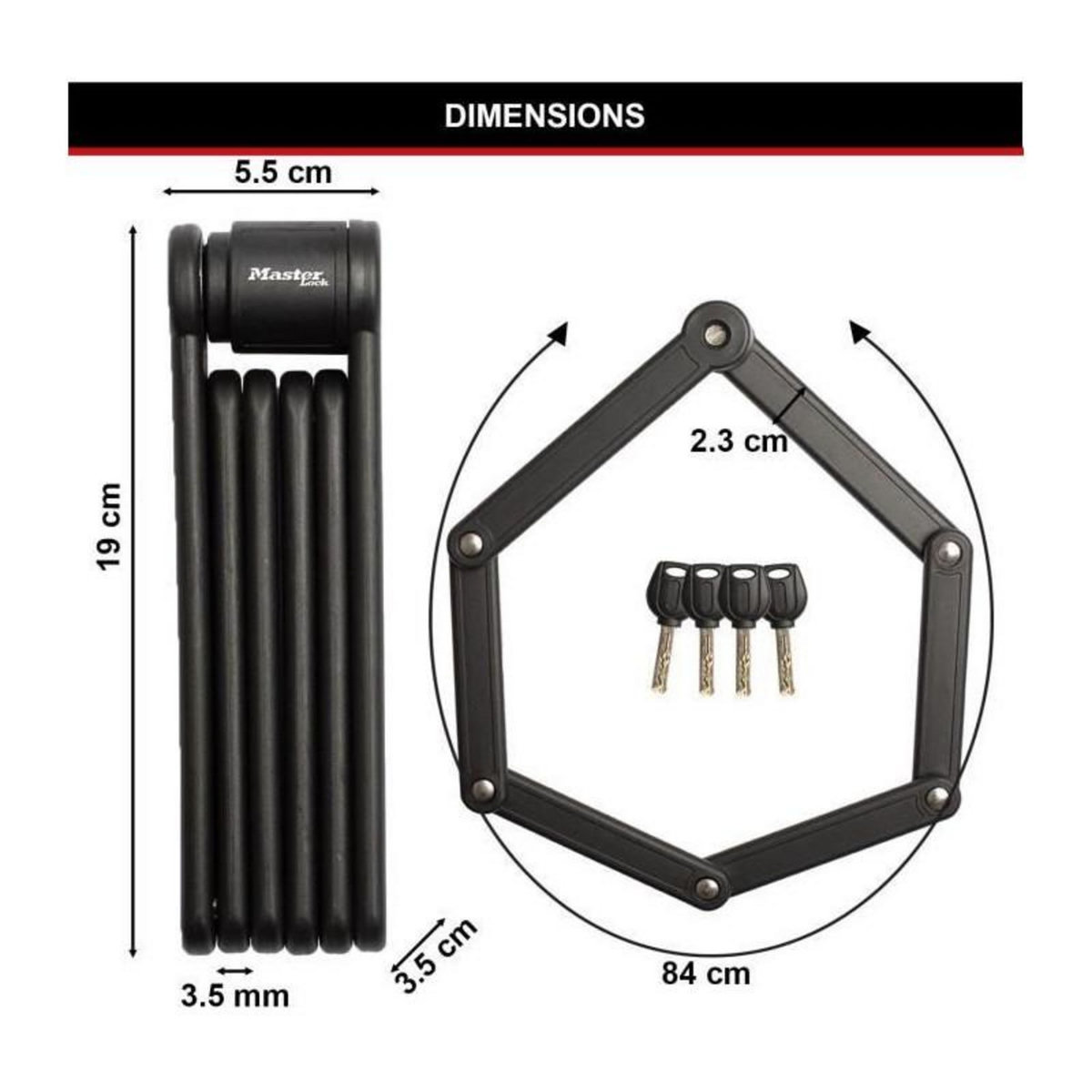 Master lock Antivol Vélo Pliable à Clefs en Acier Trempré, 4 clés, Support de transport inclus