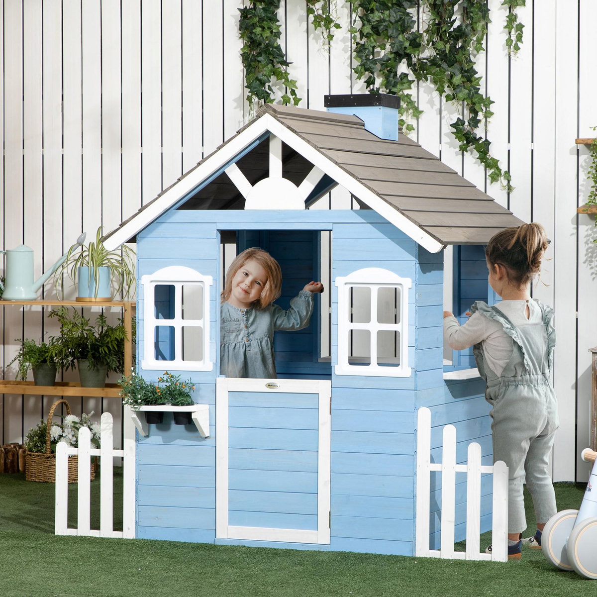 OUTSUNNY Maison de jeux enfant - jeu plein air maisonnette enfant - dim. 151L x 112l x 142H cm - bois sapin bleu blanc gris