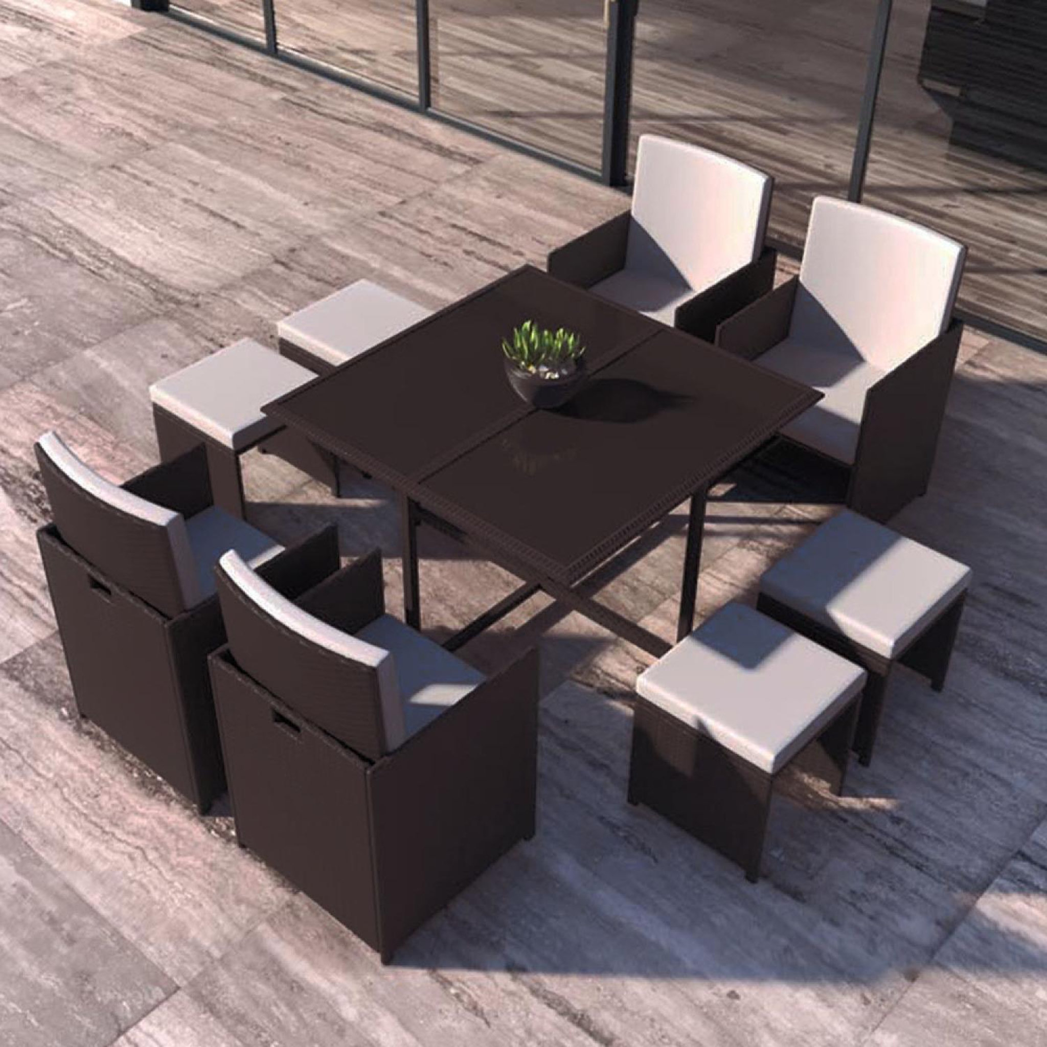 Voir la diapositive 2 : CONCEPT USINE Salon de jardin encastrable marron-blanc 8 places florida