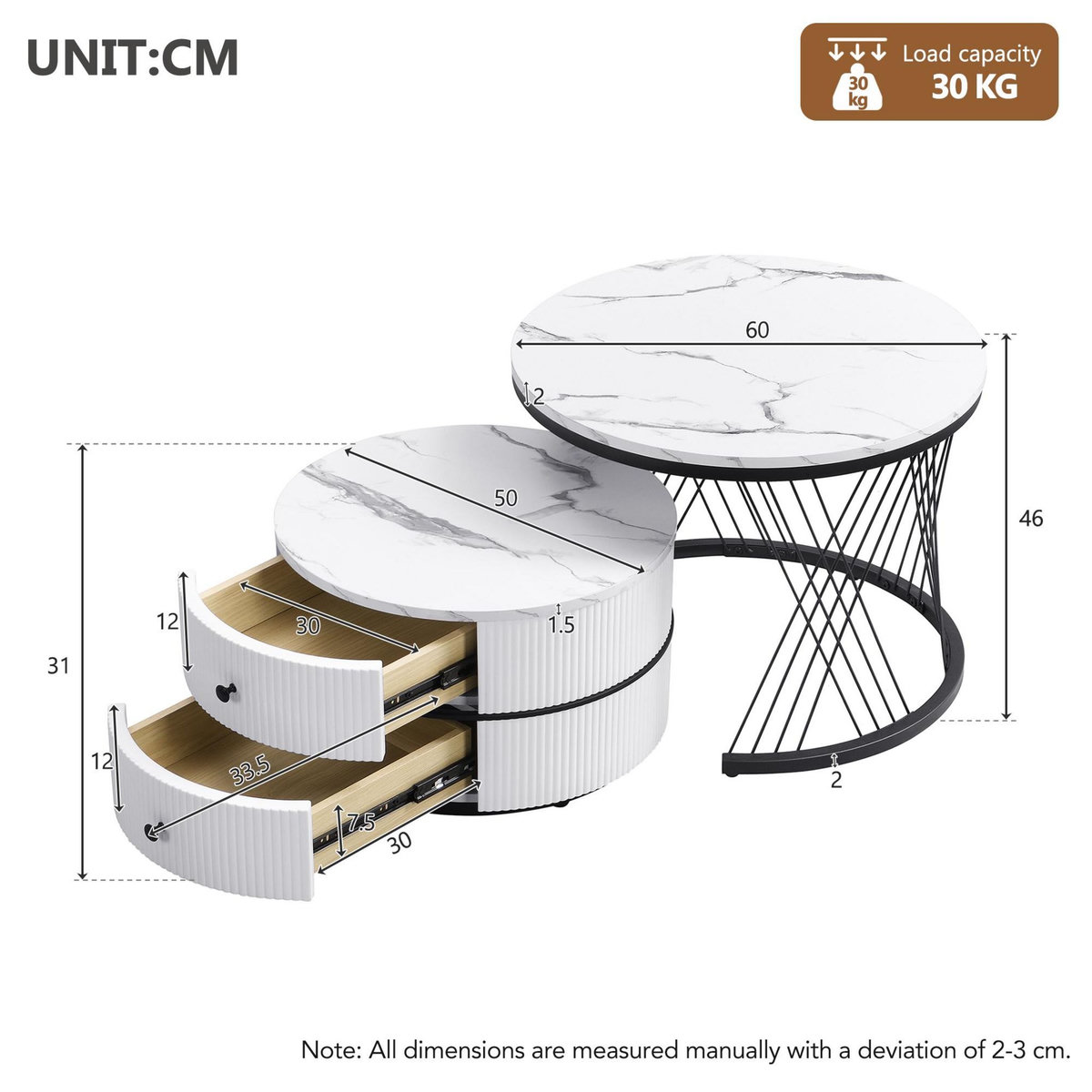 MERAX Lot De 2 Table Basse Gigognes Rond Avec 2 Tiroirs