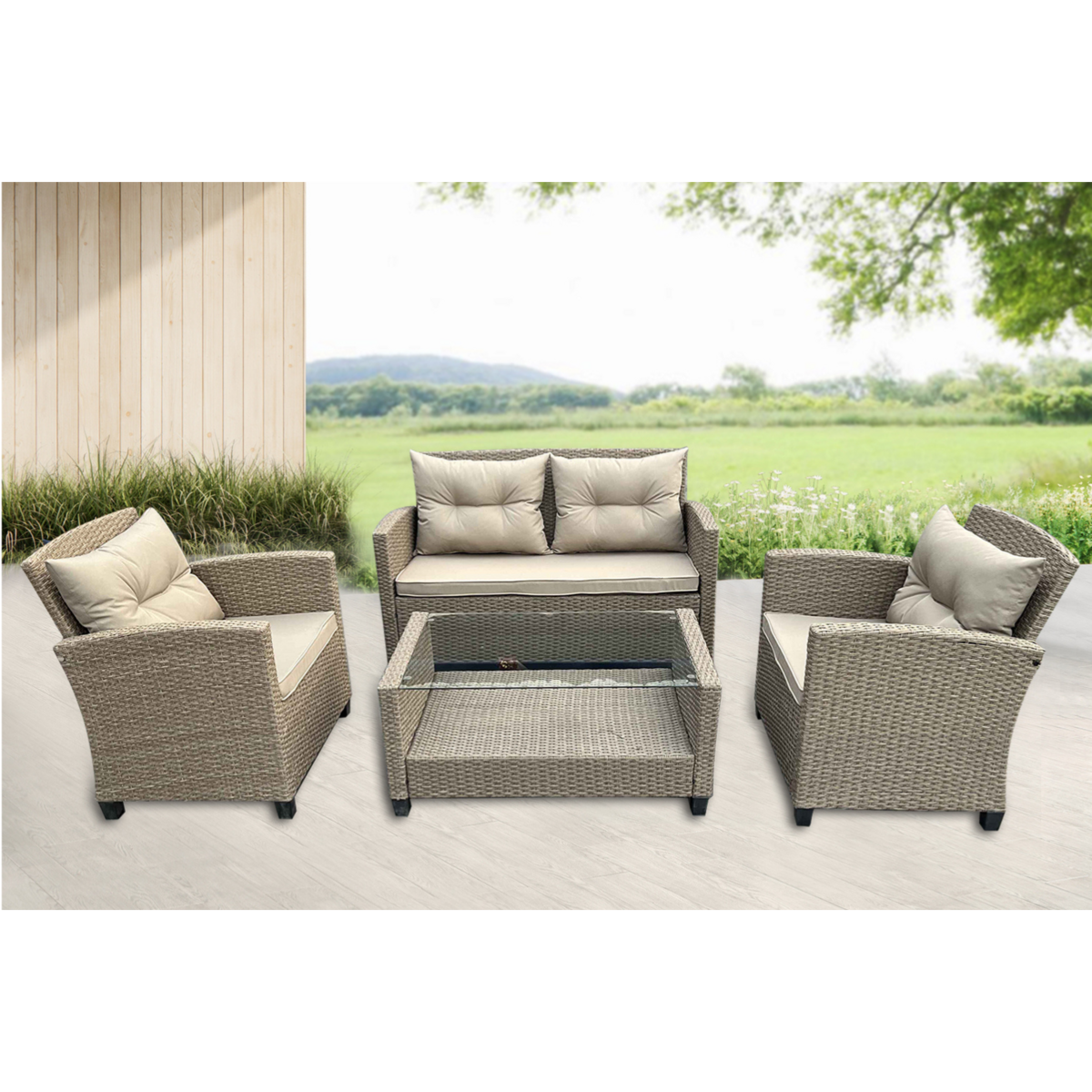 CONCEPT USINE salon de jardin 4 places en résine tressée gris-beige PARMA