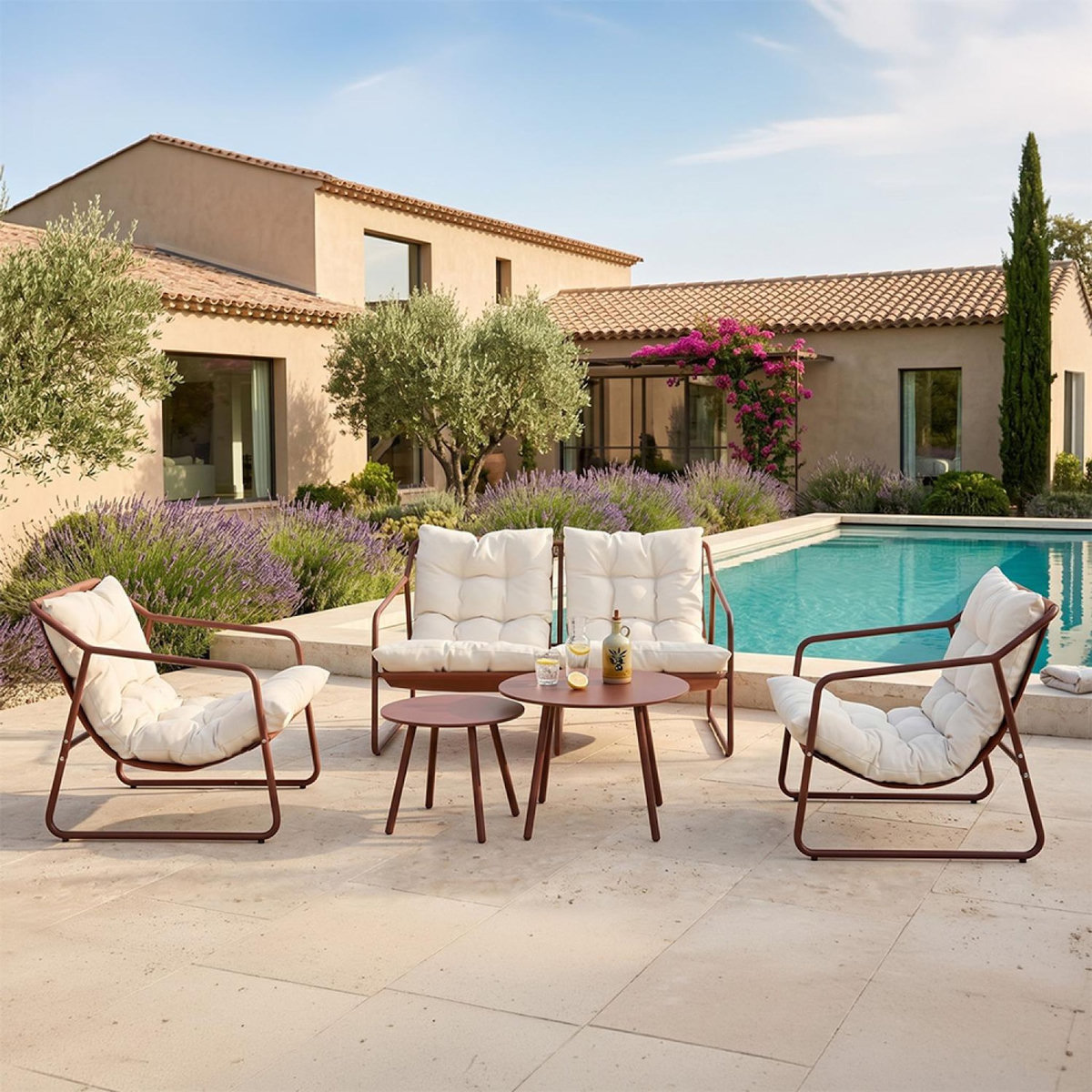CONCEPT USINE Salon de jardin 4 places terracotta et beige avec tables basses ATRANI