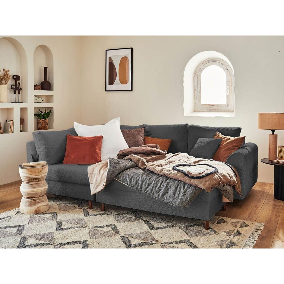 LISA DESIGN Rune - canapé d'angle gauche - 4 places - avec pouf d'appoint - en tissu bouclette