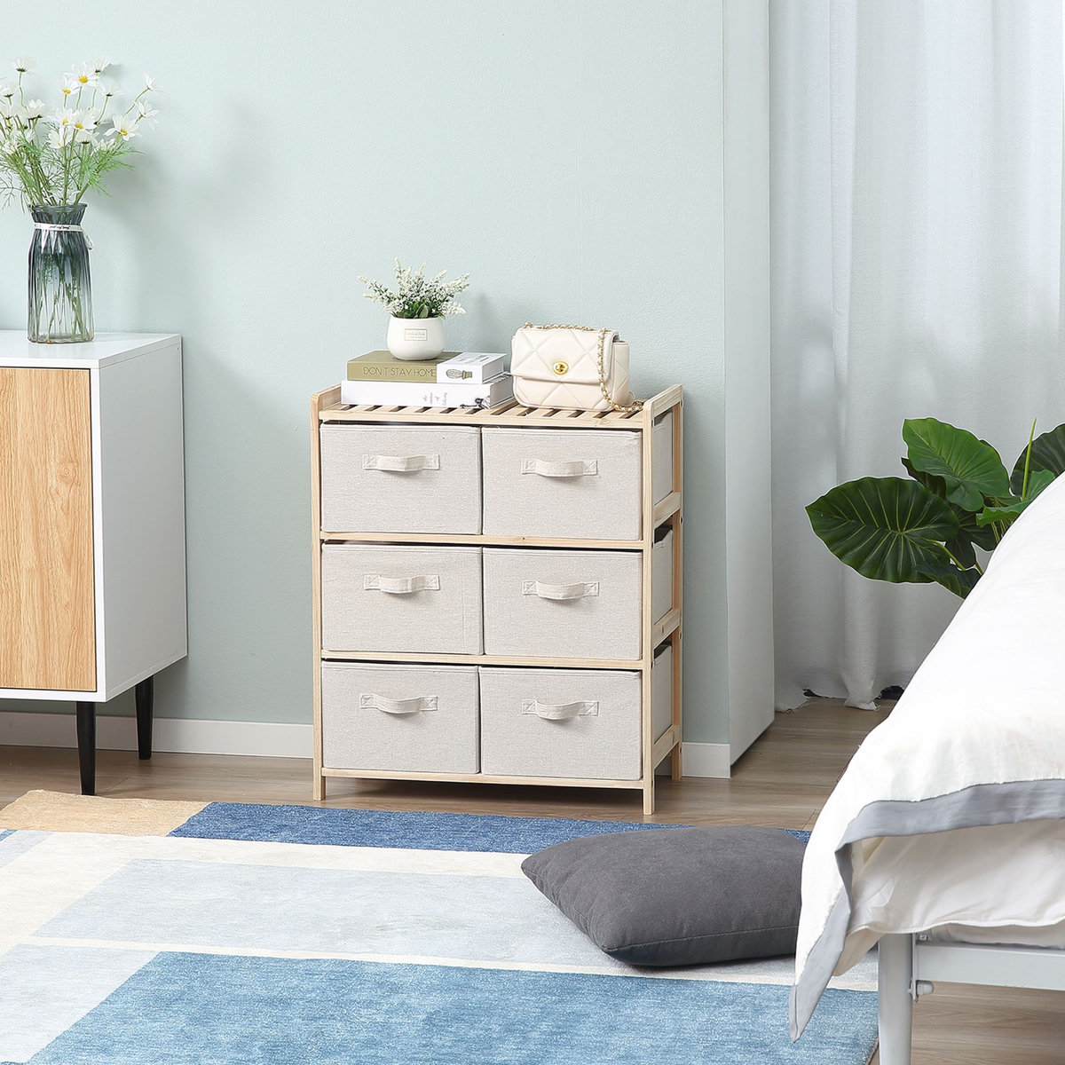 HOMCOM Commode 6 tiroirs tissu polyester beige dim. 59L x 28l x 70H cm bois sapin