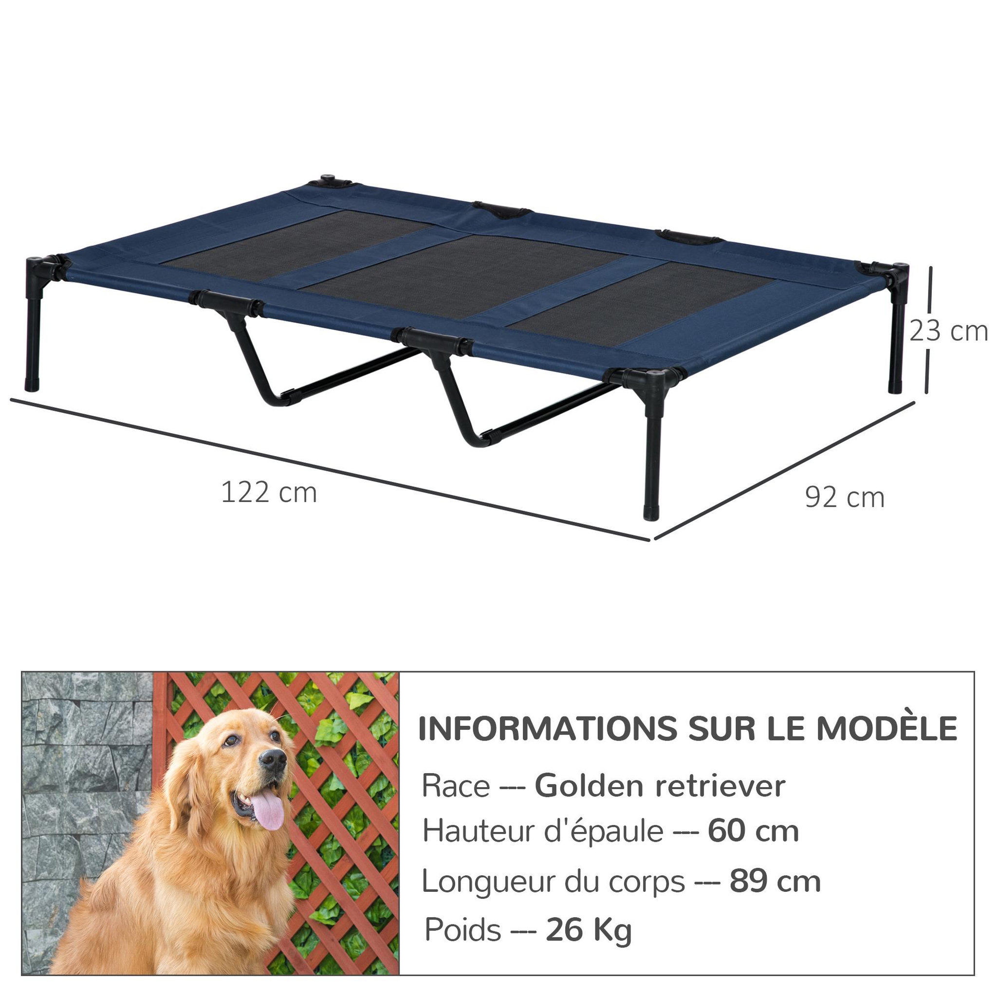Voir la diapositive 3 : PAWHUT Lit sur pieds xxl pour chien chat lit de camp animal lit surélevé oxford textilène micro-perforé dim. 122l x 92l x 23h cm bleu