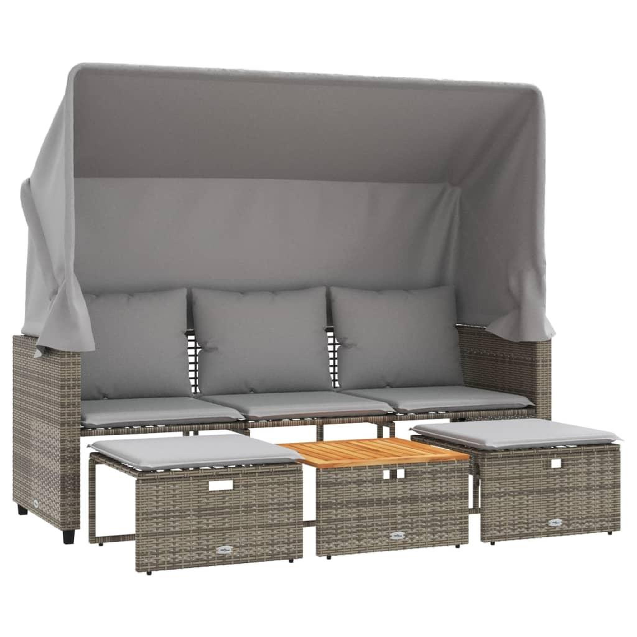 Voir la diapositive 2 : VIDAXL Canape de jardin 3 places avec auvent et tabourets gris rotin