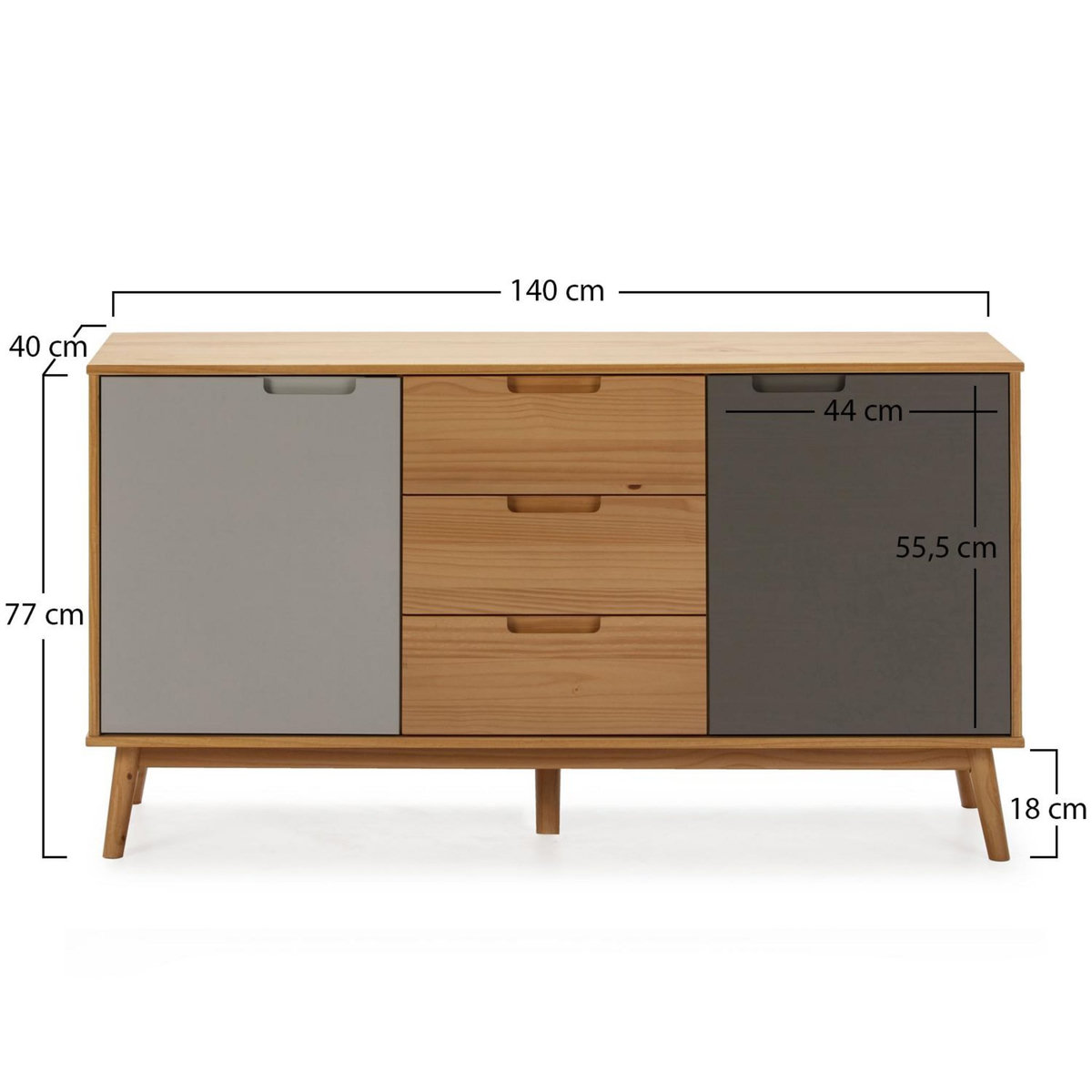 VS VENTA-STOCK Buffet Bruce 3 tiroirs et 2 portes , bois massif, 140 cm Largeur
