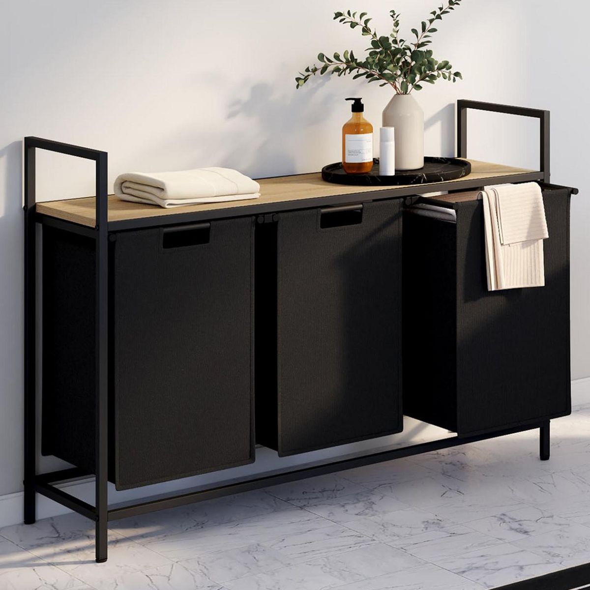 ID MARKET Panier à linge 3 bacs DETROIT tissu noir design industriel