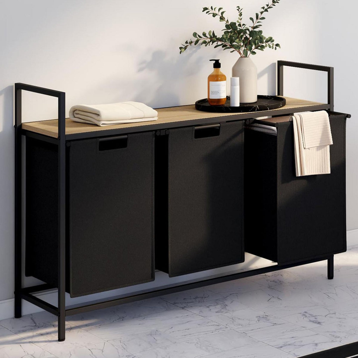 ID MARKET Panier à linge 3 bacs DETROIT tissu noir design industriel