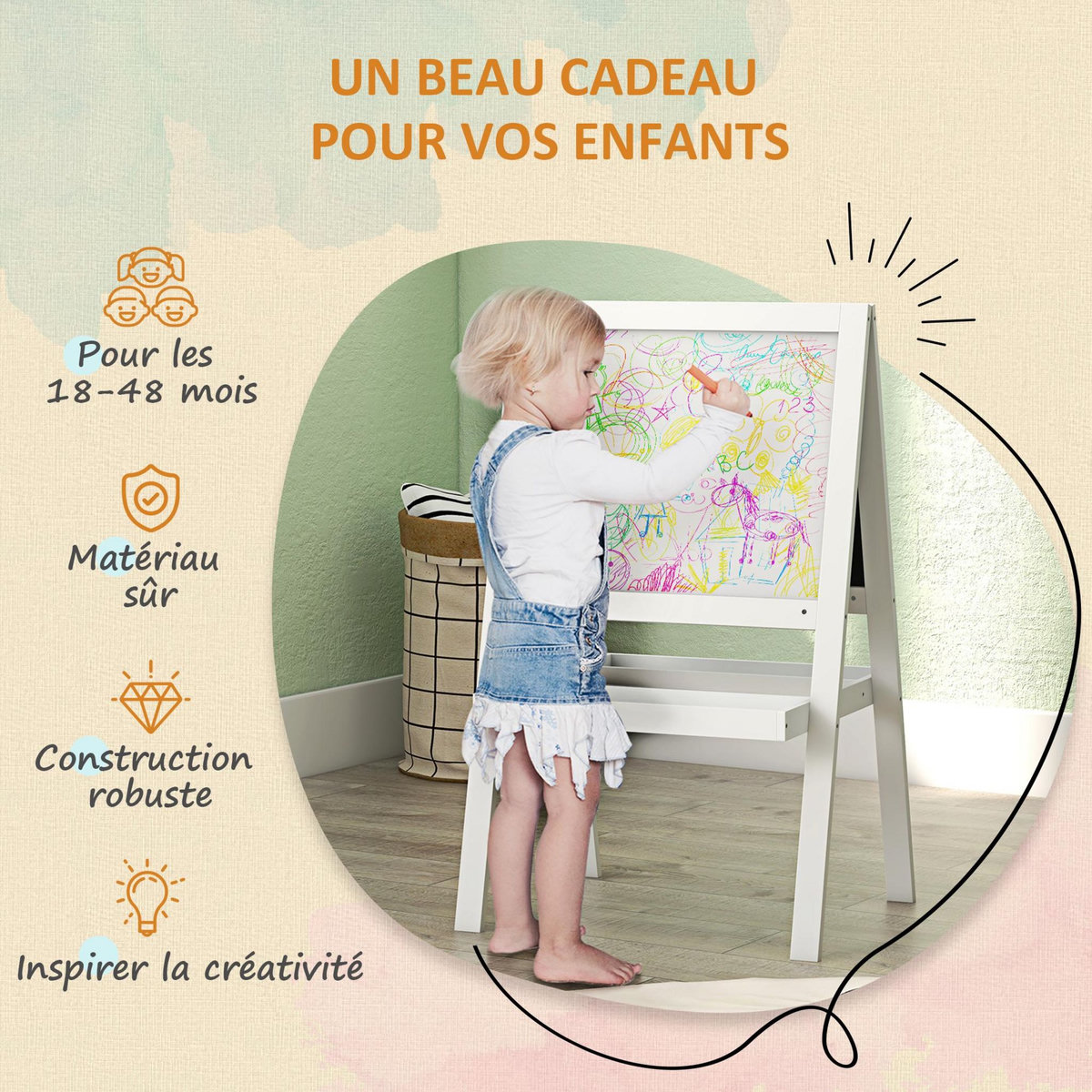 HOMCOM Tableau enfant double face - chevalet enfant - tableau blanc magnétique, tableau noir à craie - 2 paniers rangements - MDF blanc