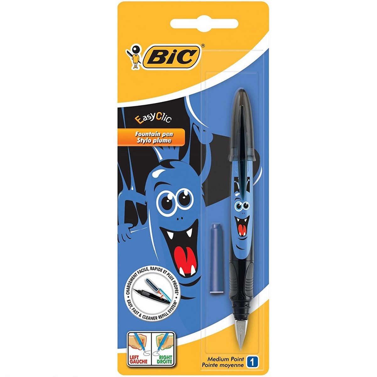 BIC Stylo-plume rechargeable + 1 petite cartouche d'encre bleu EASYCLIC