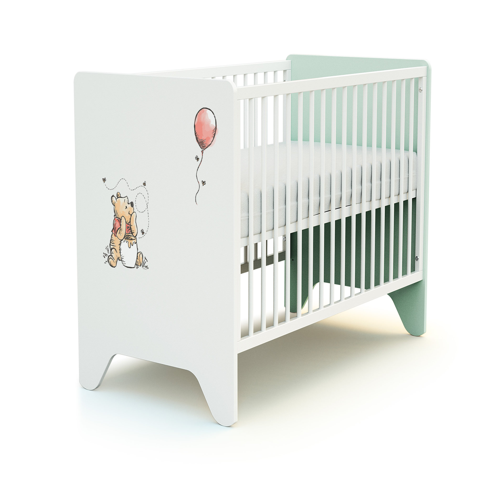 Voir la diapositive 4 : AT4 Ensemble lit bébé 60x120 cm et commode à langer 3 tiroirs WINNIE BALLON DISNEY Vert d'eau