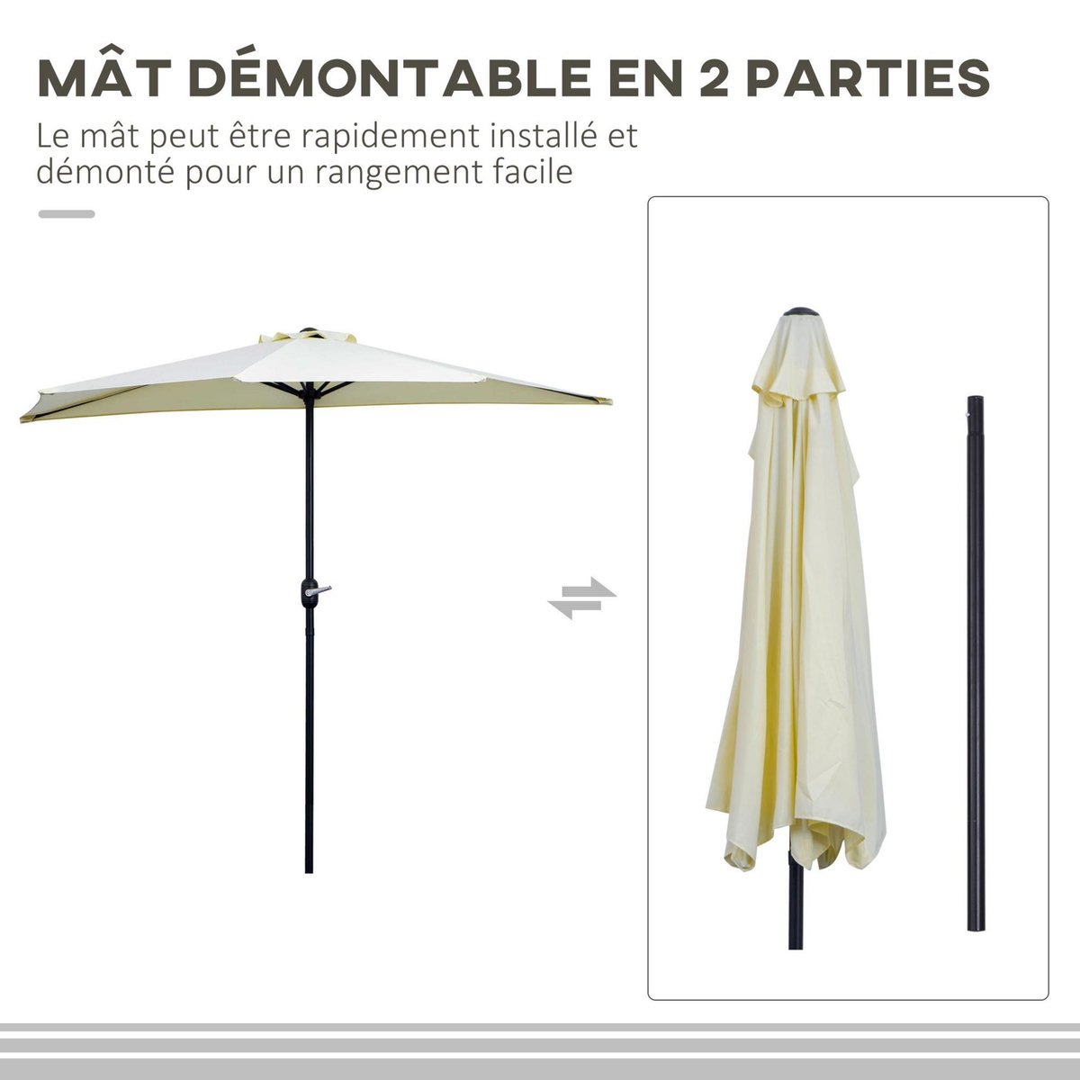 OUTSUNNY Demi parasol - parasol de balcon - ouverture fermeture manivelle - acier polyester haute densité crème