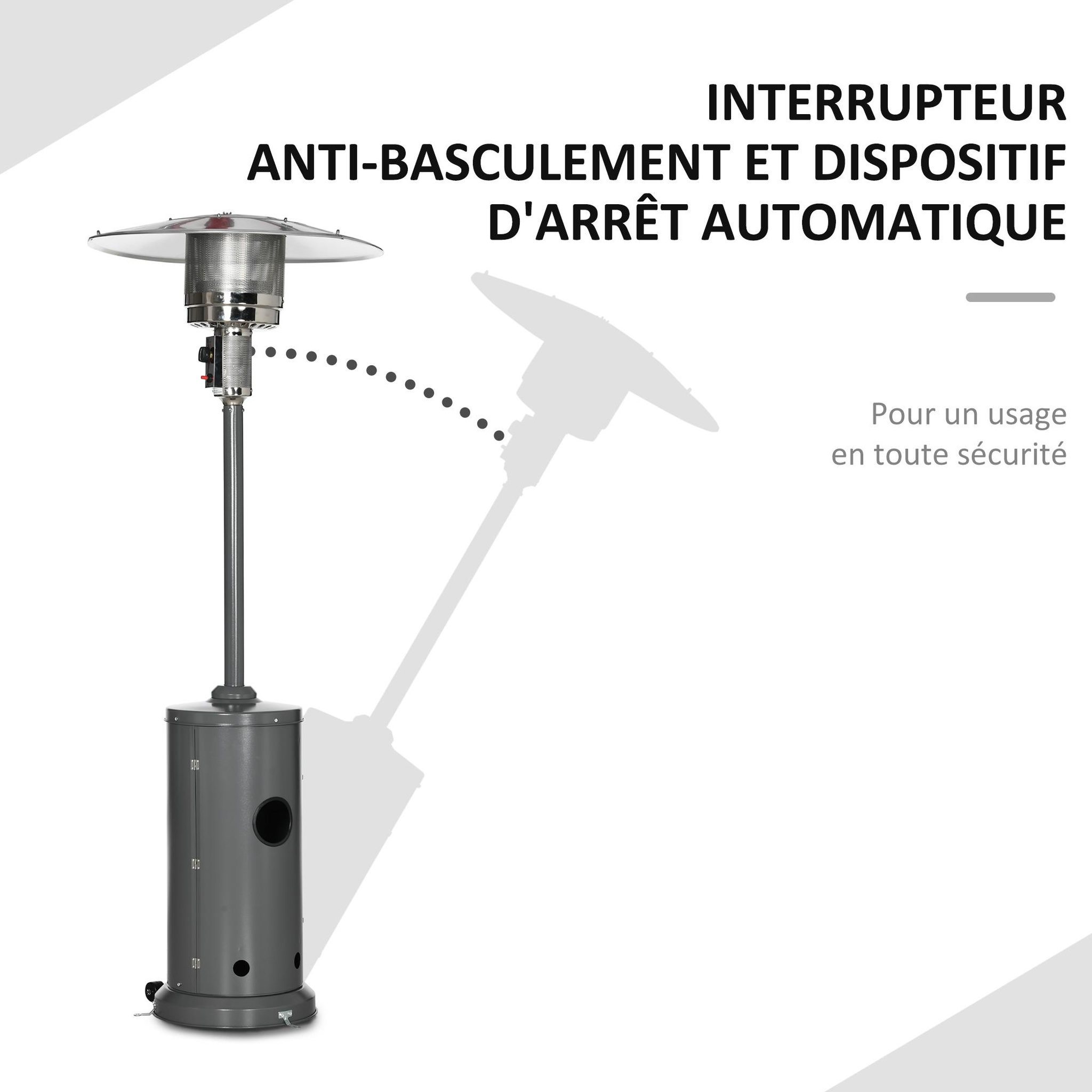 Voir la diapositive 4 : OUTSUNNY Parasol chauffant commercial 12,5 kW - chauffage extérieur gaz - chauffage de terrasse - double sécurité - puissance réglable - roulettes - acier inox. gris