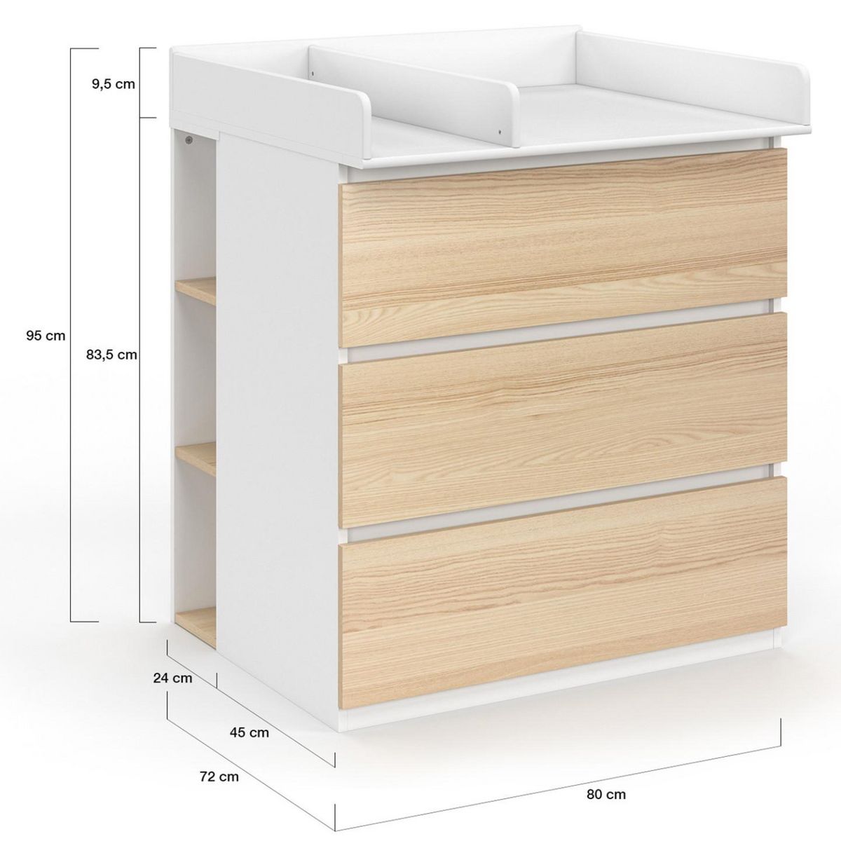 ID MARKET Commode à langer évolutive AMBRE façon hêtre et blanc 3 tiroirs table à langer et 2 étagères amovibles