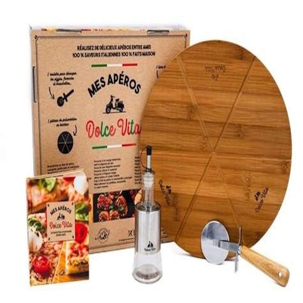 MES APEROS DOLCE VITA. COFFRET AVEC 1 BOUTEILLE 200 ML, 1 PLATEAU DE PRESENTATION EN BAMBOU, 1 LIVRE RECETTES, 1 ROULETTE, I2C