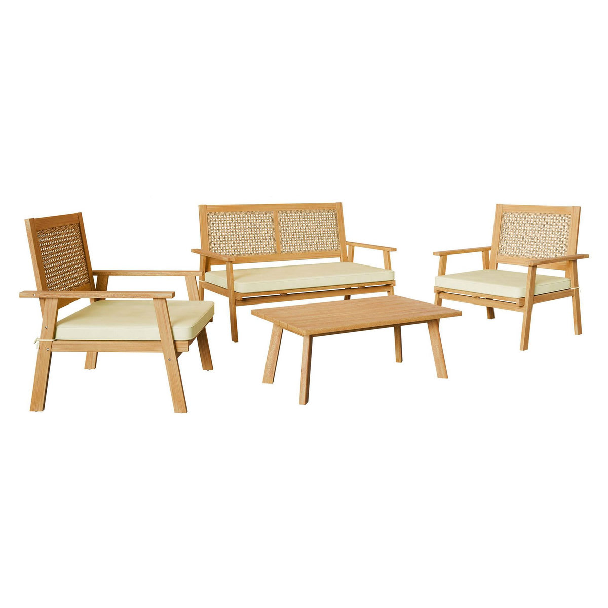 BEST MOBILIER Siboney - salon bas de jardin 4 places - bois, cannage et coussins beiges